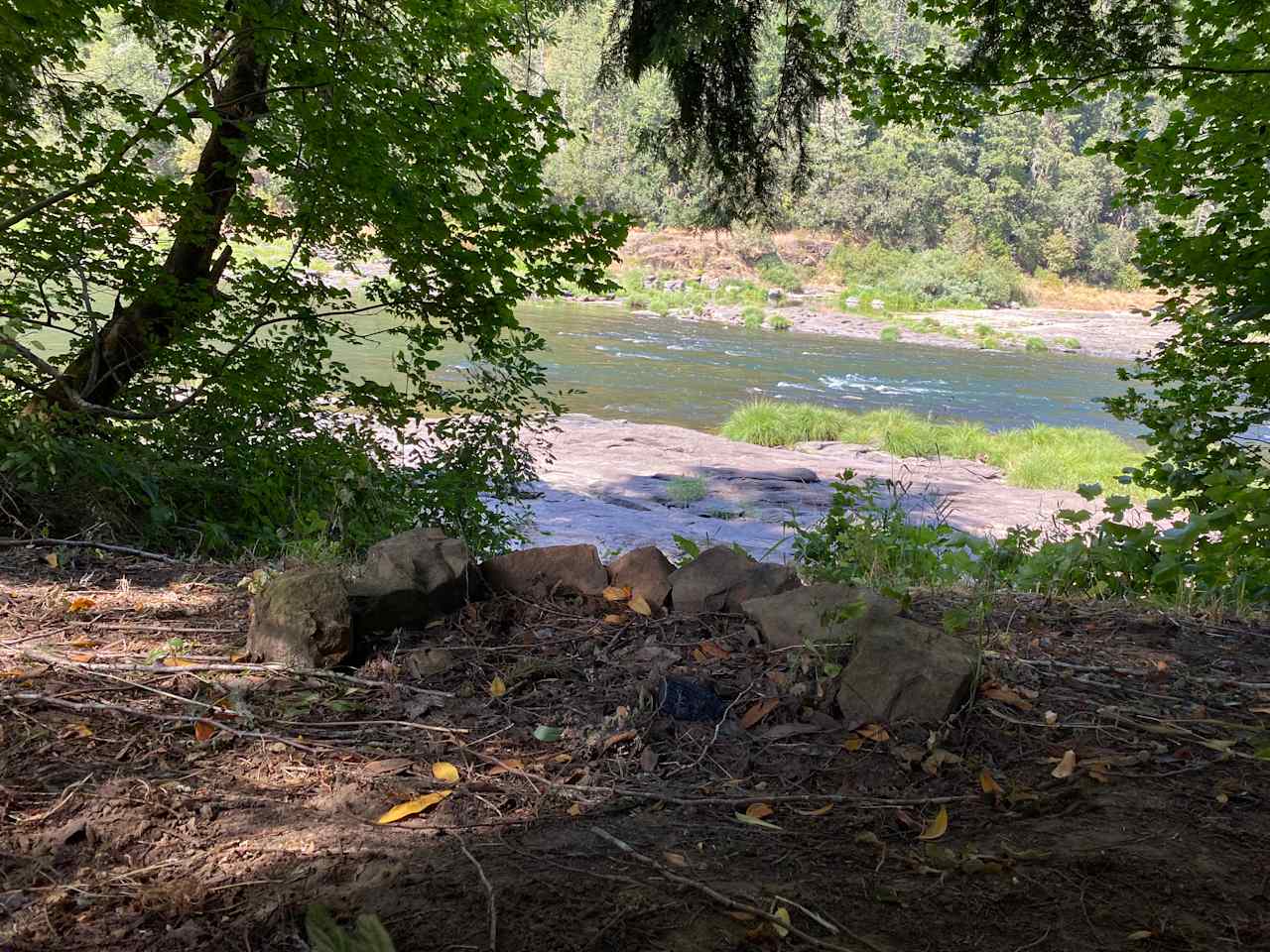View of the river while sitting under the tree at the campfire ring