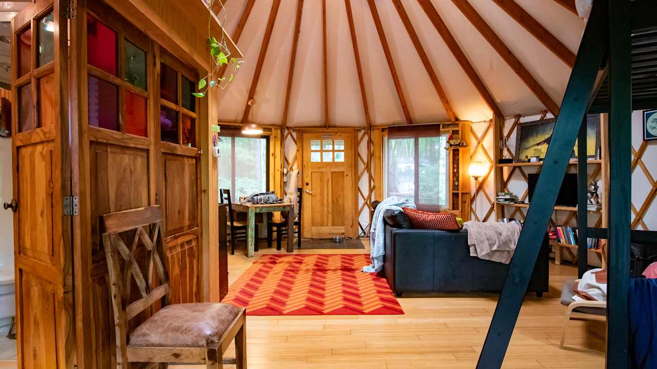 A view of the inside of the yurt from the back door. 