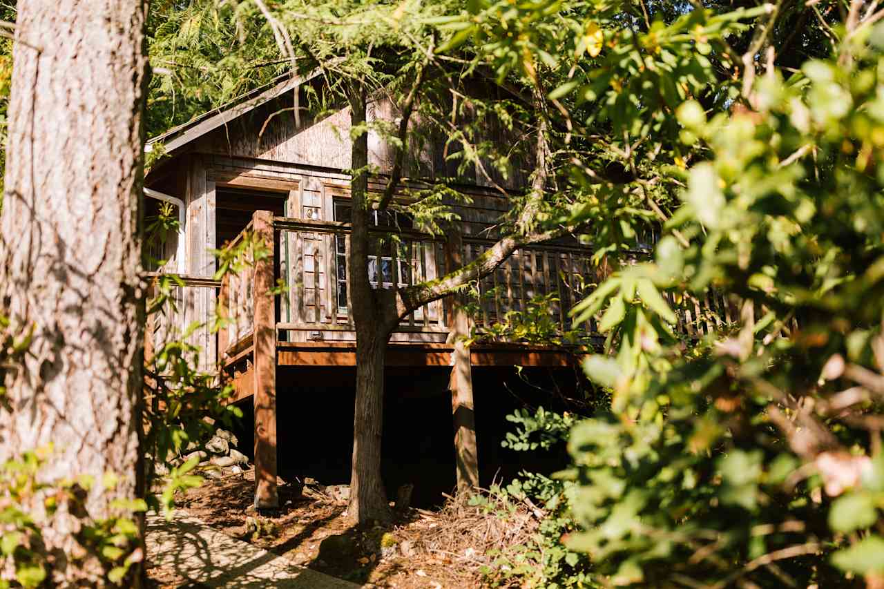 A look up to Pipe Lake Cabin from the dock down below 