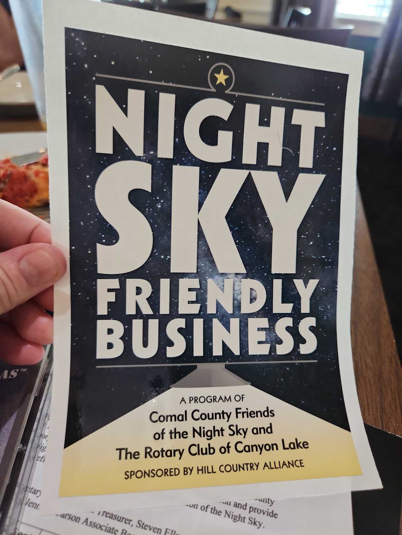 We are a Night Sky Friendly Business!