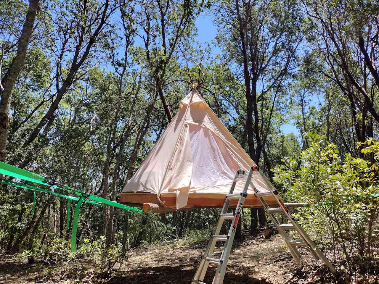 The Treenet Tipi is 330 yards (310 meters) from the parking and 120 yards (110 meters) from the kitchen and shower. 