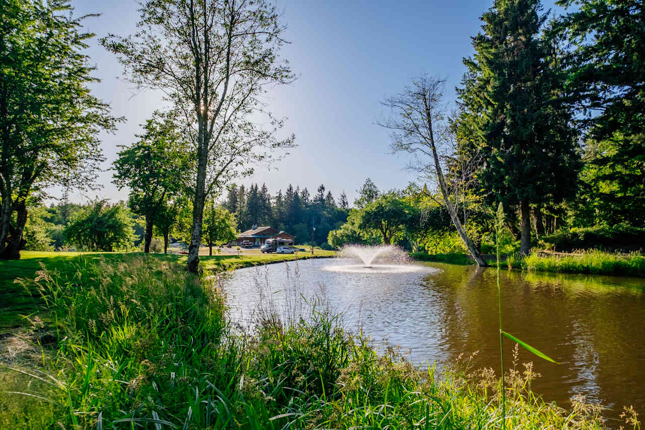 Pond next to seating area