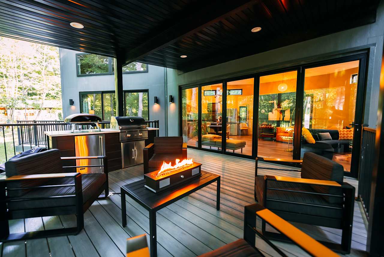 The covered back deck is the perfect hangout spot
