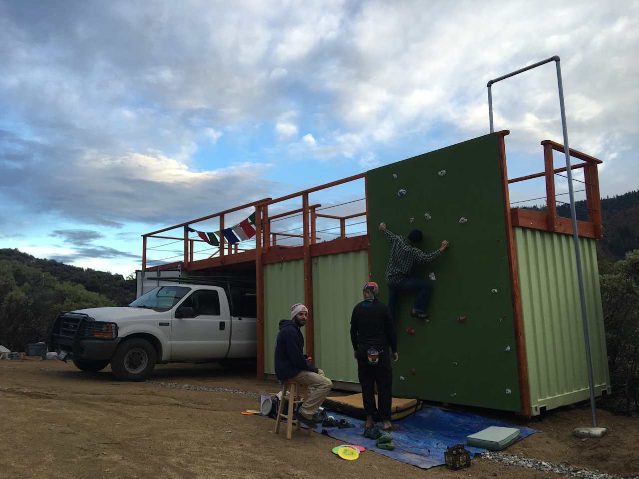 Rock climbing wall! In the garage container there is a bin with the supplies to change routes. 