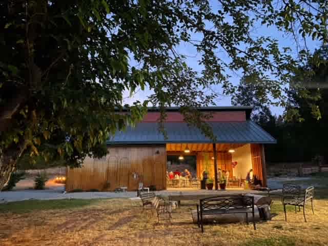 Pavilion with three open sides is adjacent to our popular bon fire pit.