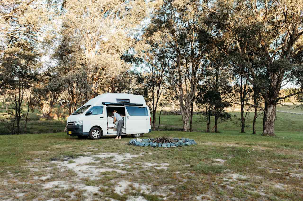 Our campsite near the barn, protected from wind and not too far from the bathrooms