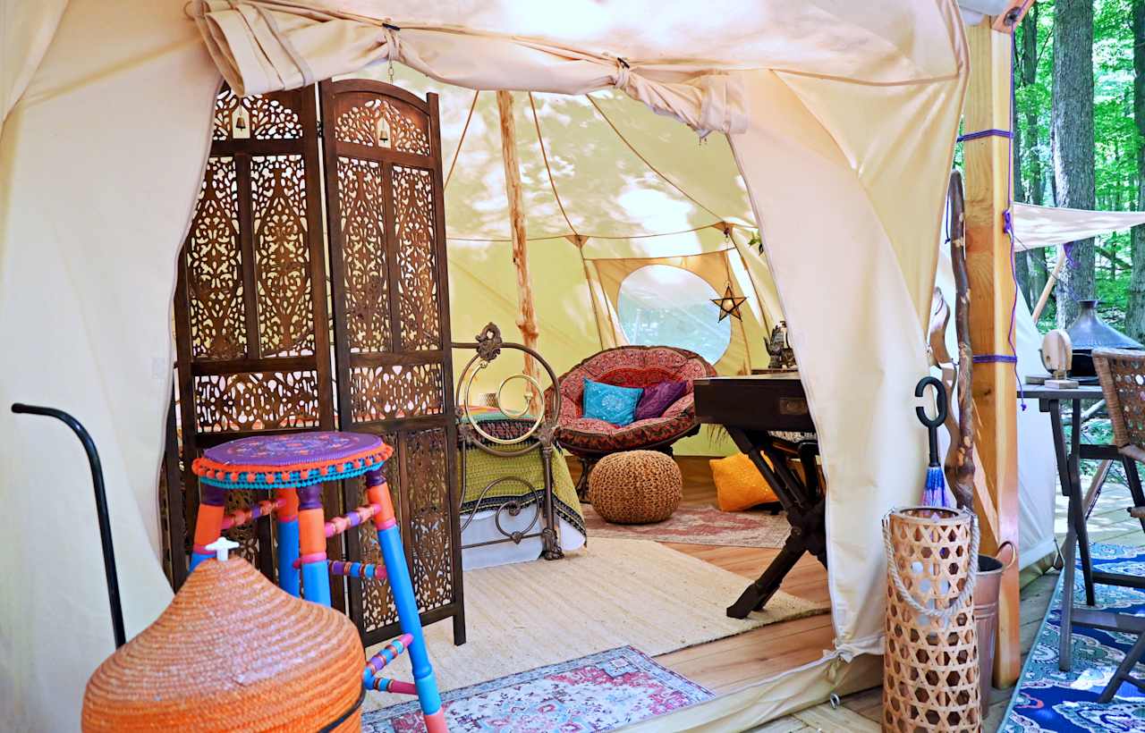 When you stride through the 5'8" high by 4'5" wide doorway, you’ll instantly know you’ve discovered an exceptional place at The Bombay Belle.  It is a 236 Sq. Ft. slice of paradise ripe for a truly unique and memorable glamping experience.