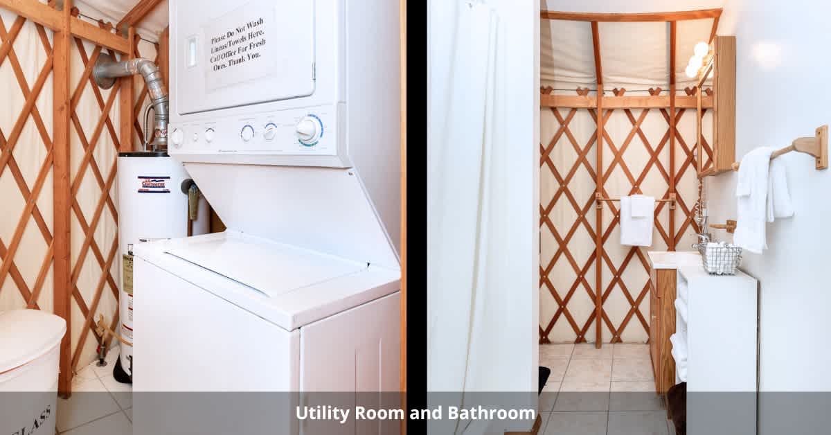 Our Vista yurts and Sanctuary Suite yurt both feature a washer and dryer in the utility room. 
