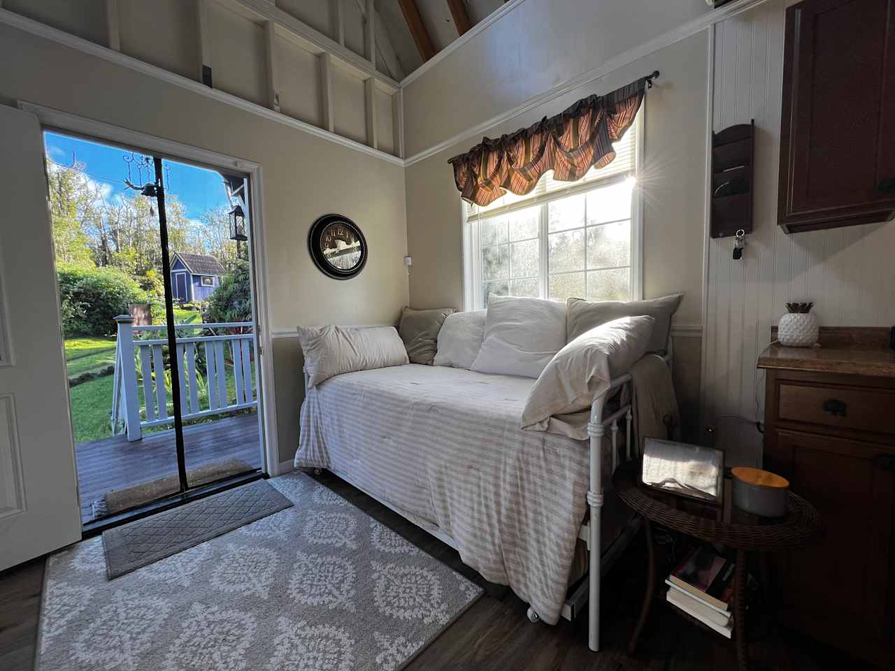 Our comfy day bed is a great place to curl up on a rainy day. There is a full
size twin trundle if you are traveling with kiddos. They can camp out downstairs while parent(s) stay in the loft. We’re at elevation, and provide blankets for your comfort.