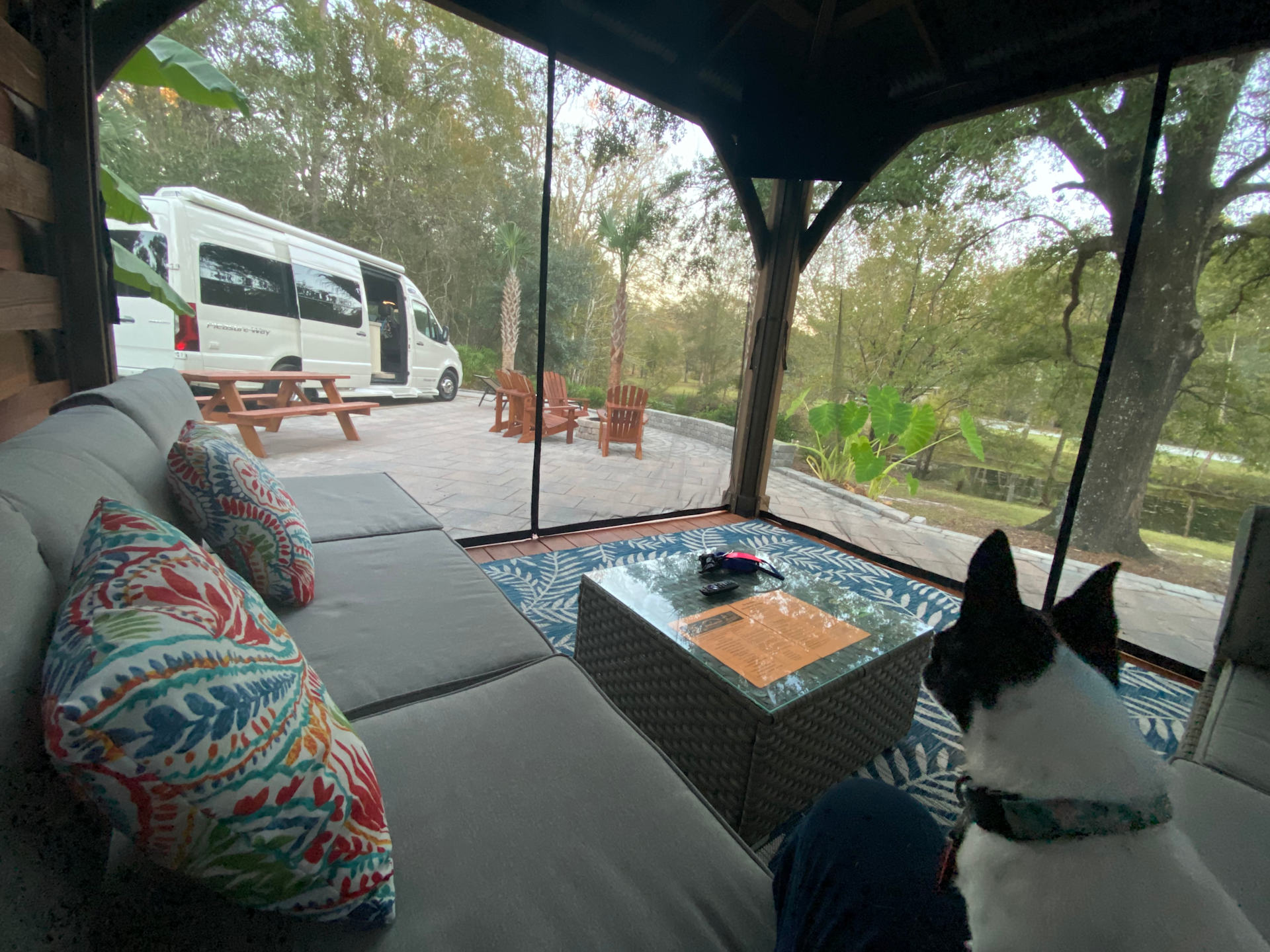 Gorgeous screened lanai with L shaped sofa and tv!