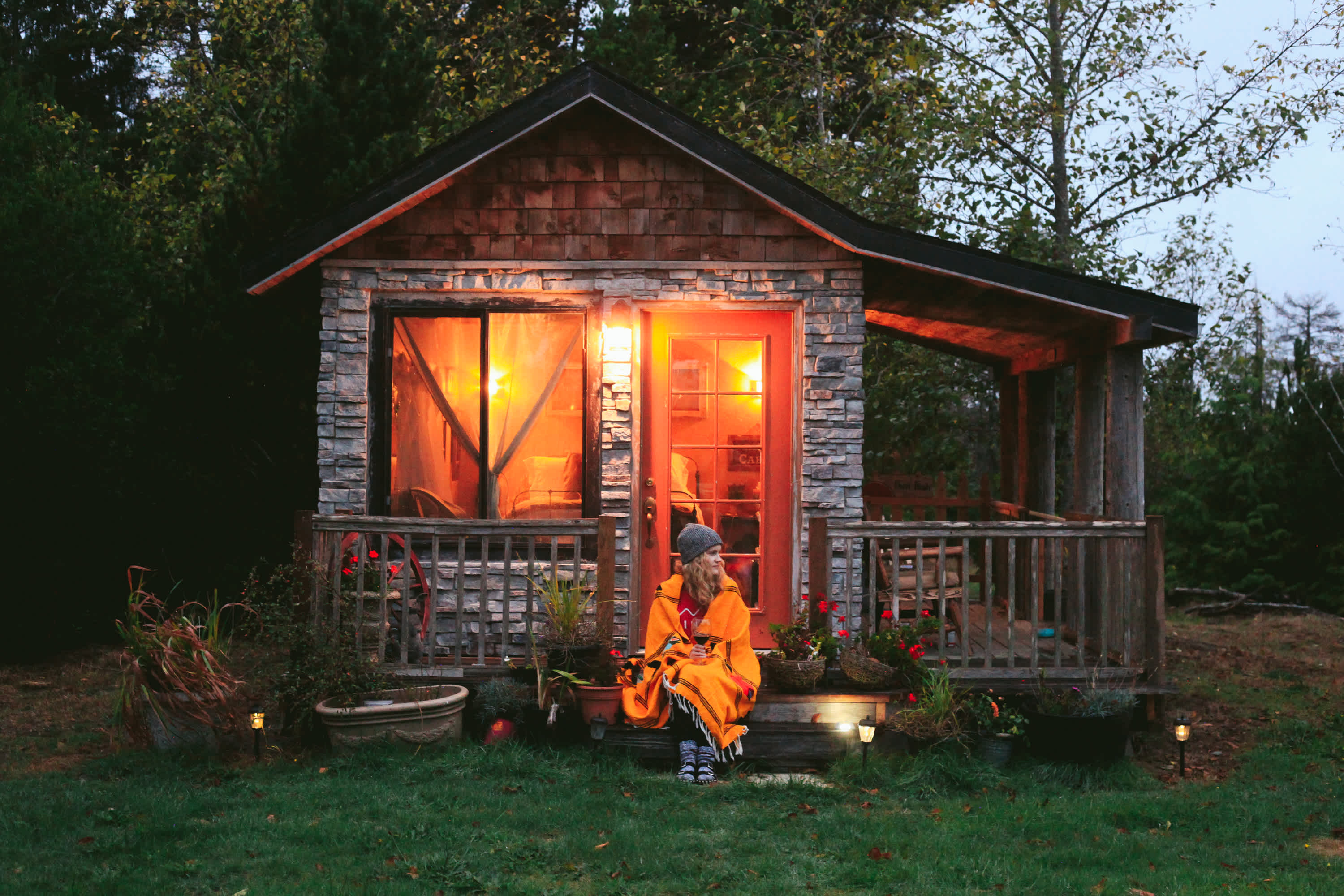 The front of the Cabin at dusk