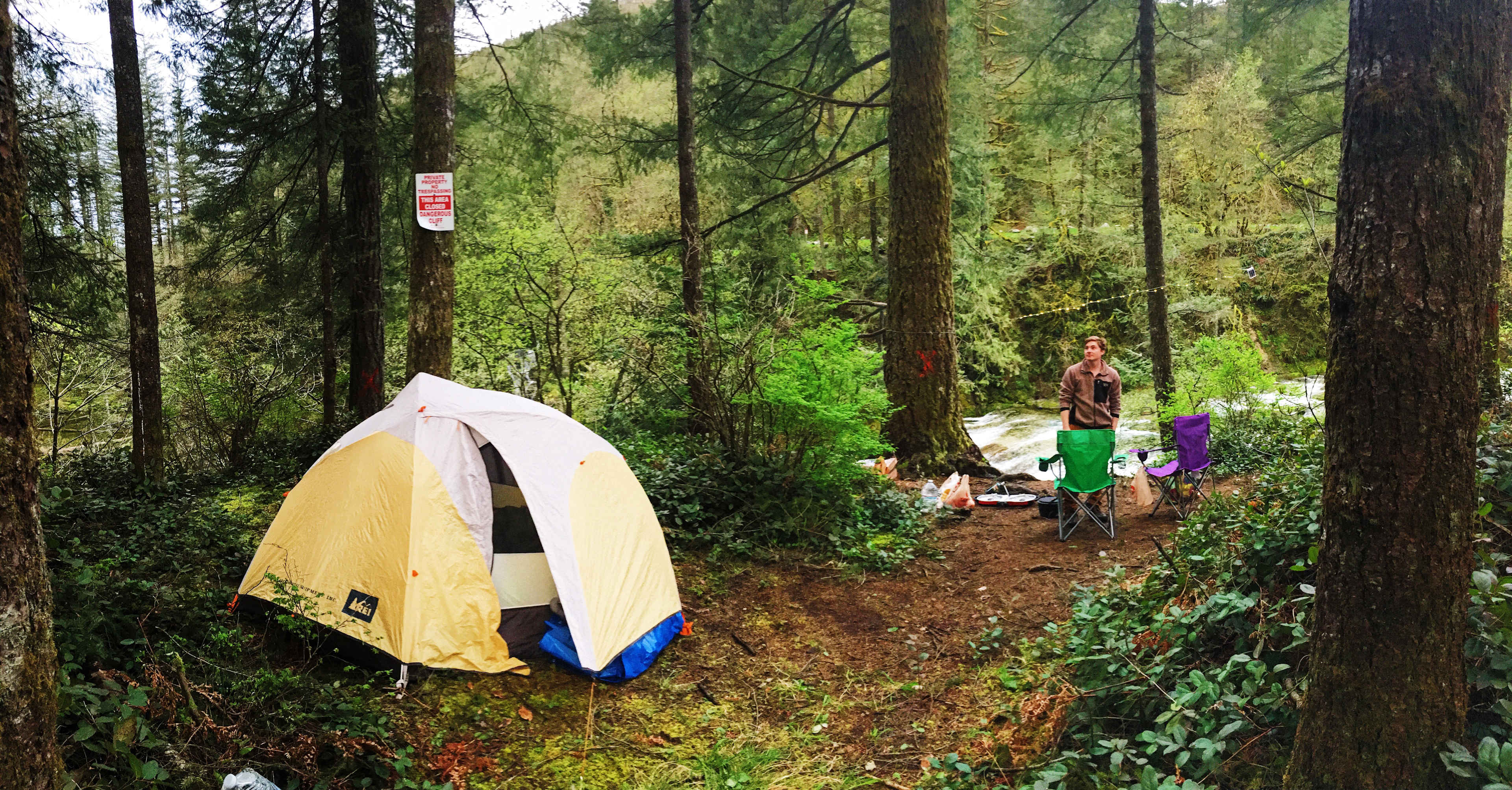 Finally back at camp! It didn't rain for the rest of the night so we were able to cook in the open and hang by the waterfall. Protip: Fairy Lights are a car camping necessity. 