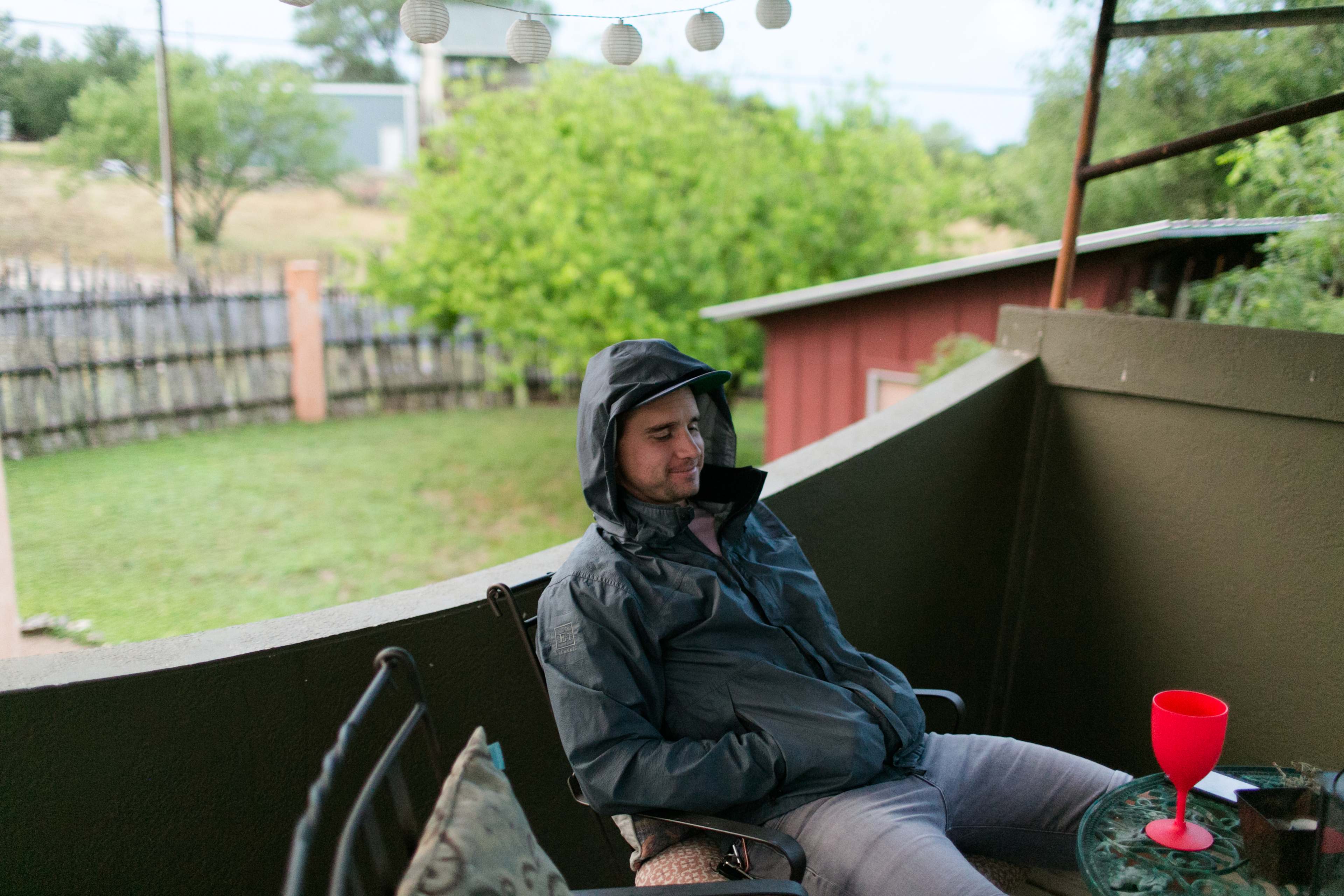 Listening to the rain and deer watching on the wine deck
