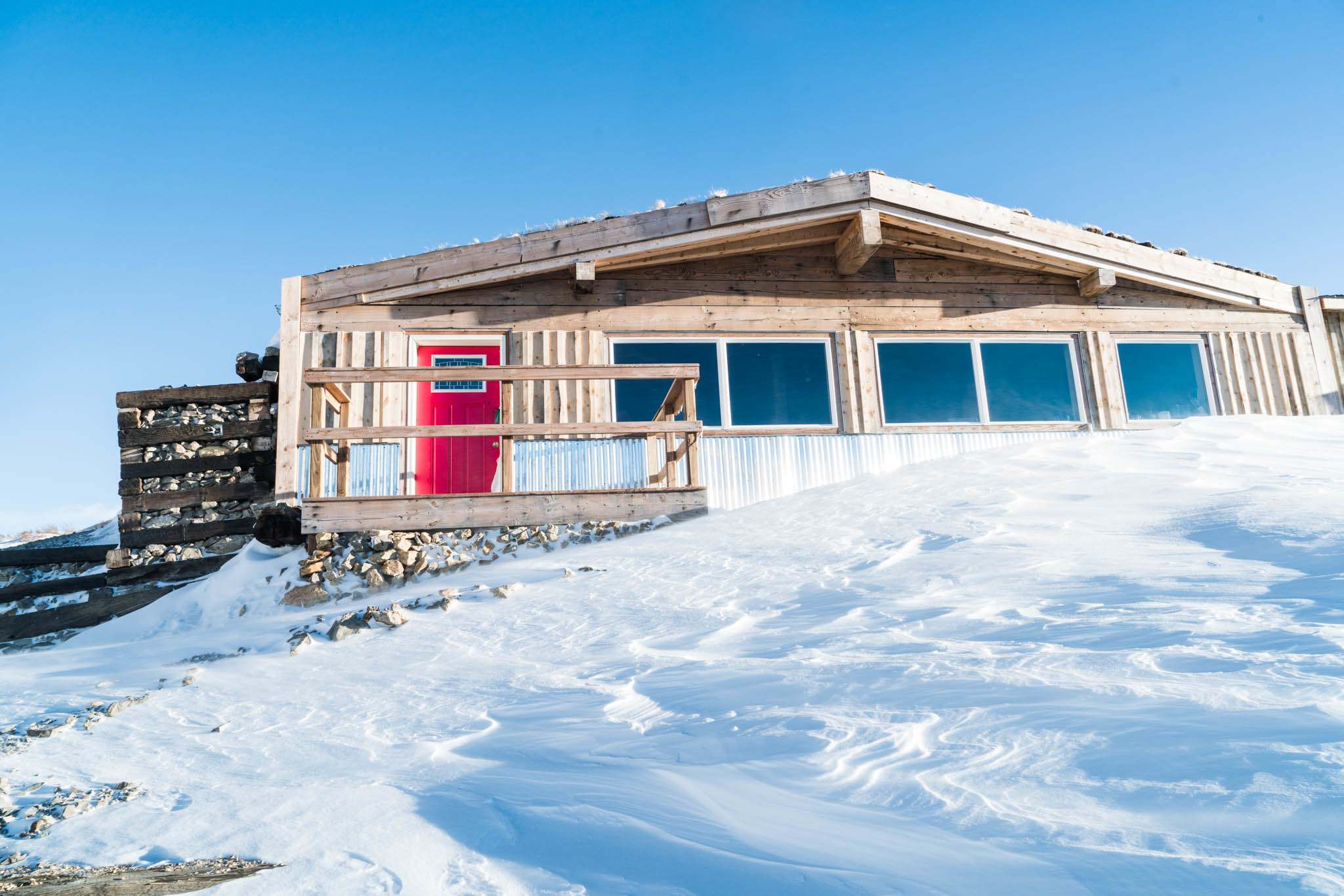 The front of the beautifully designed mountain hut.