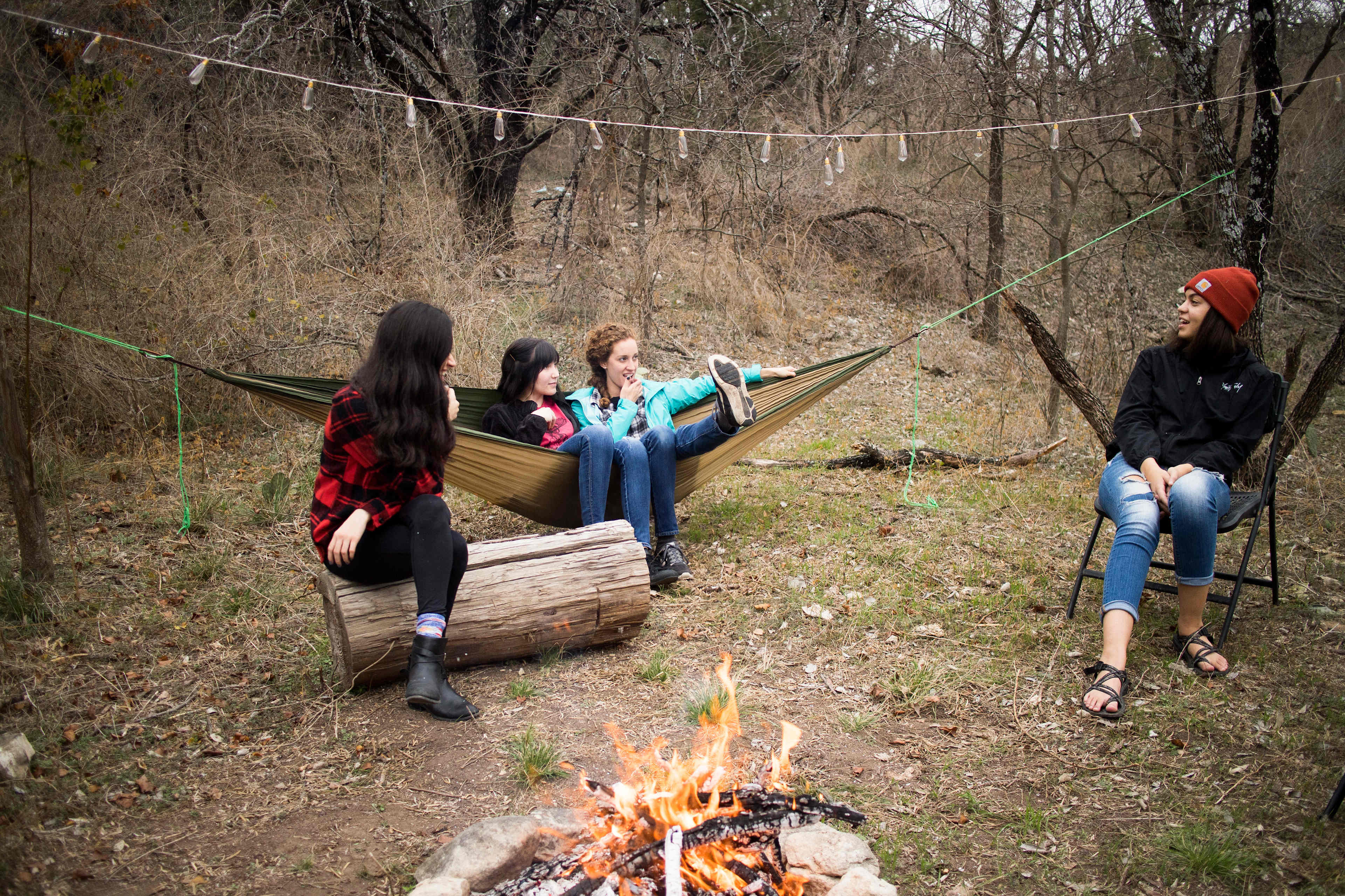 We found some sturdy trees to hang up hammocks and lights! 