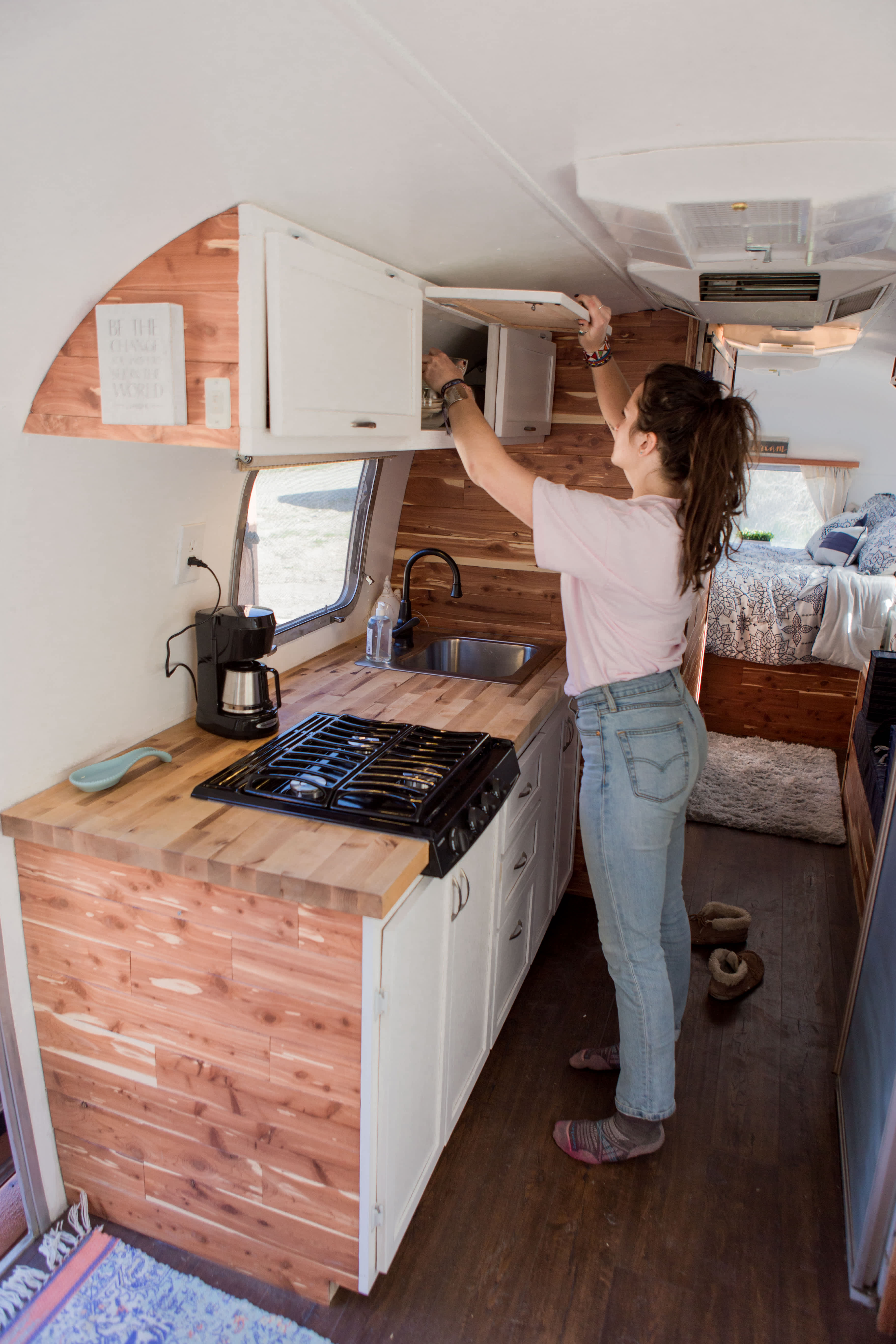 The airstream is equipped with cooking supplies and plenty of dish ware 