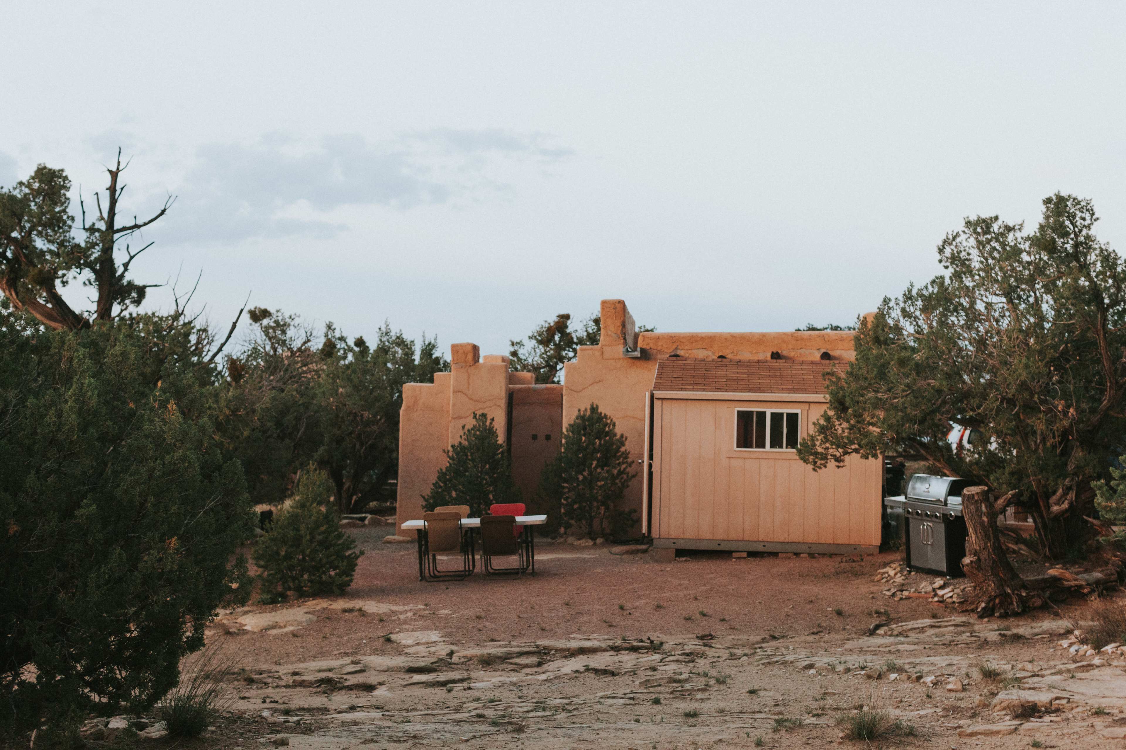 Little kitchenette on the right, seating area, showers on the left 