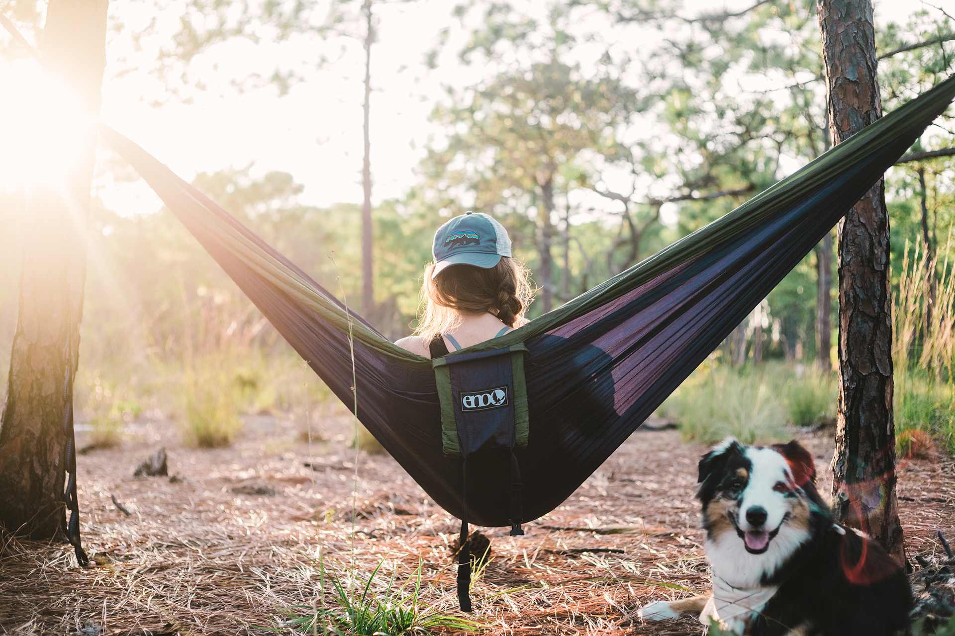 Relaxing during sunset in an Eno hammock at the group campsite off of the swamp trail.