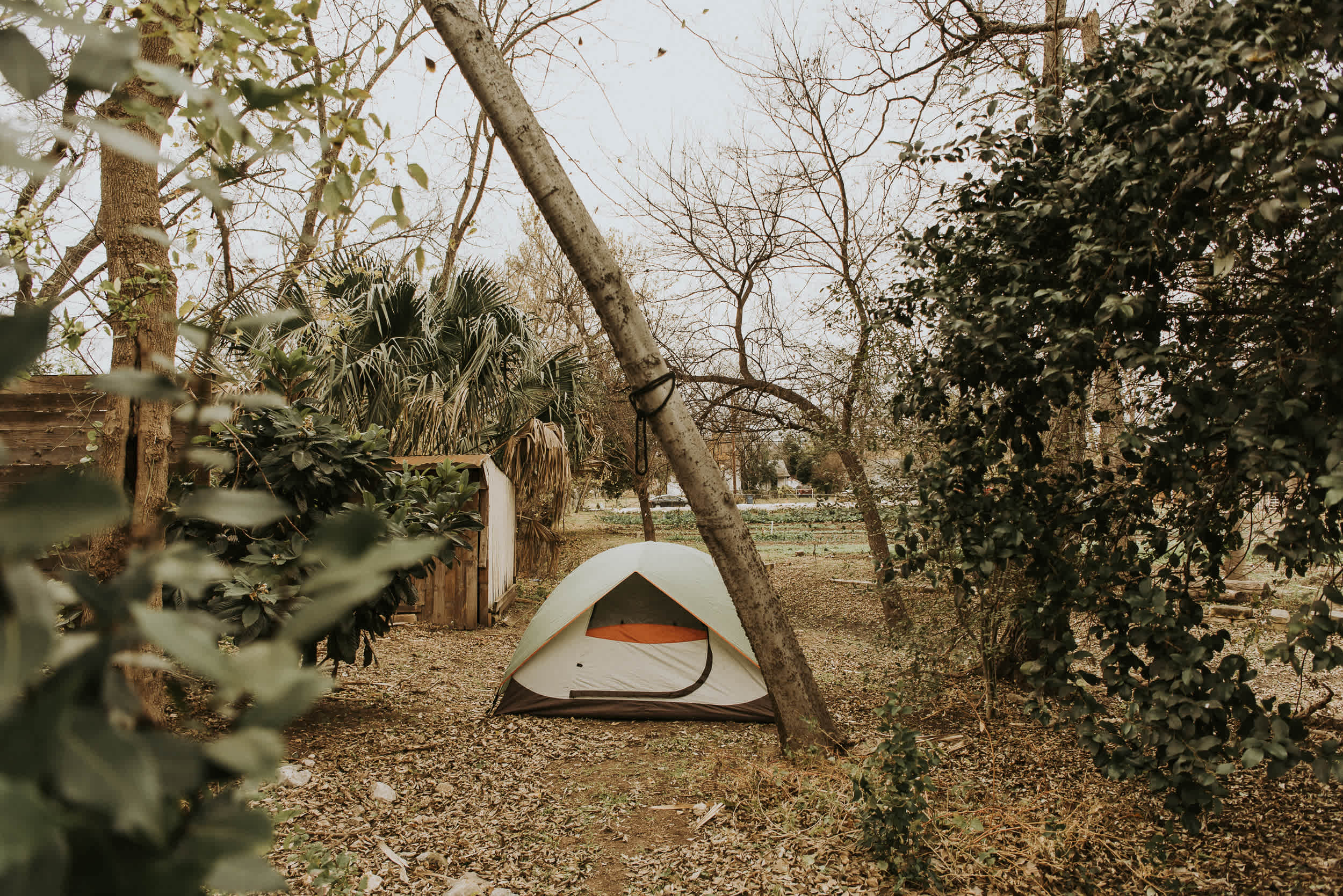 The campsite is tucked by the fence next to the farmhouse. There's enough space for one large tent or two small tents.