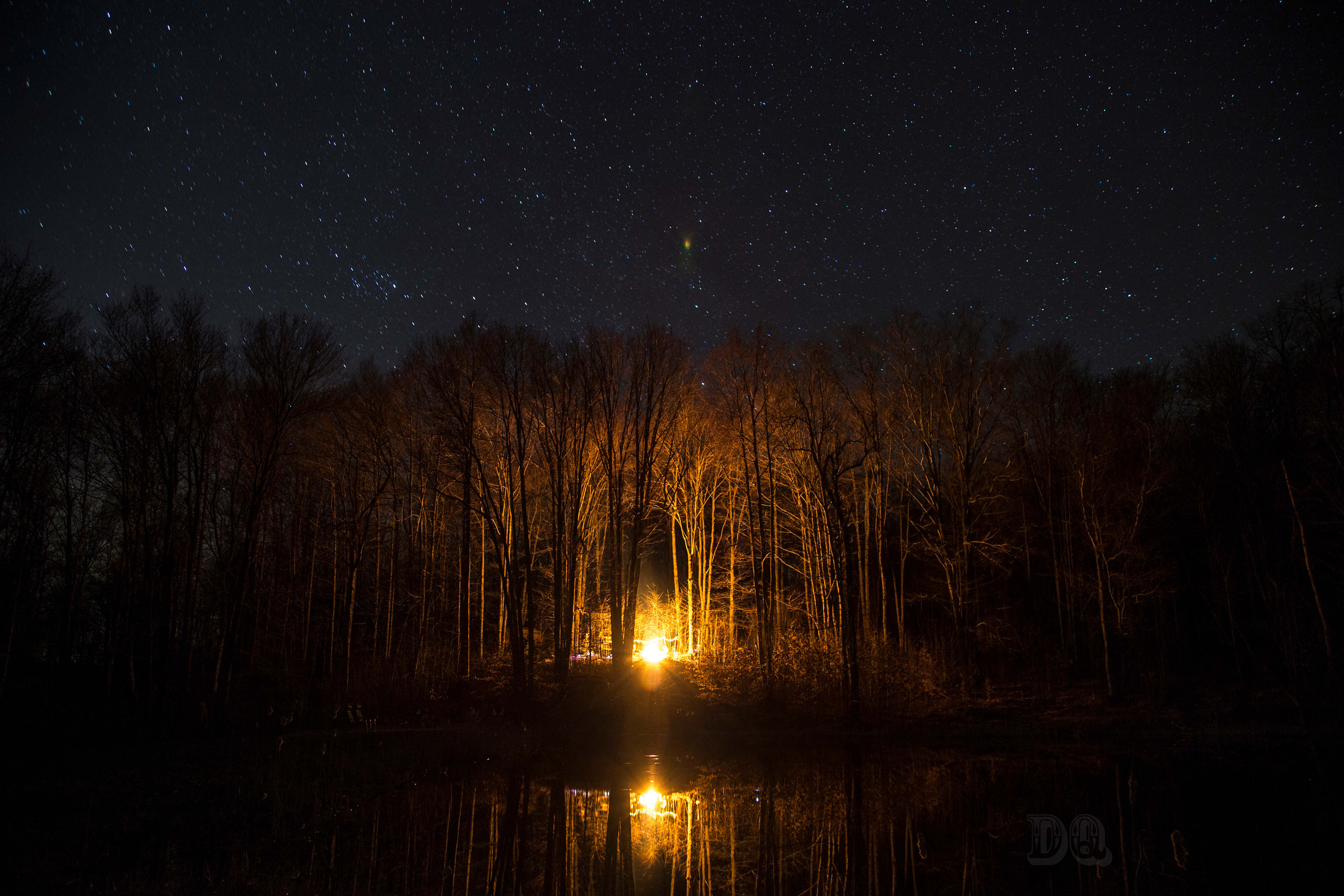 A campfire by the pond.