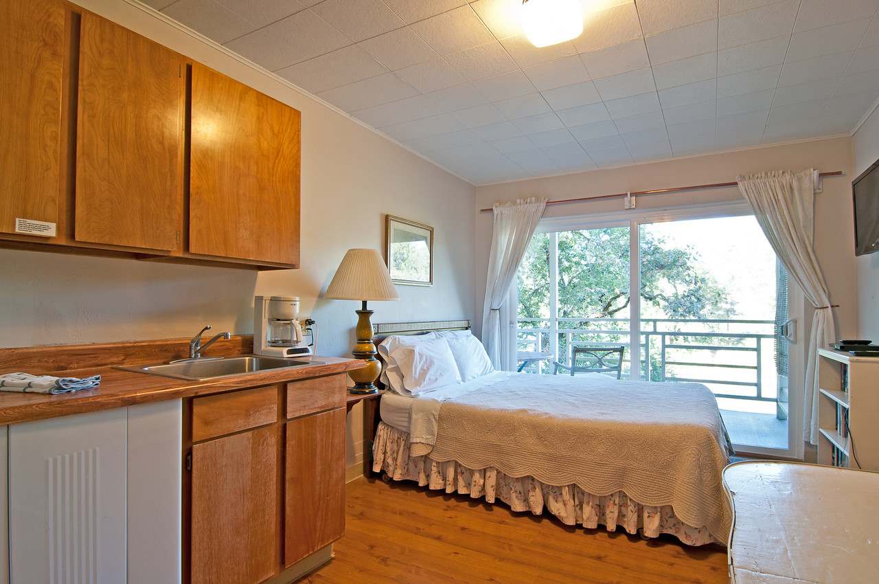 Full-size bed and full kitchen with balcony overlooking river