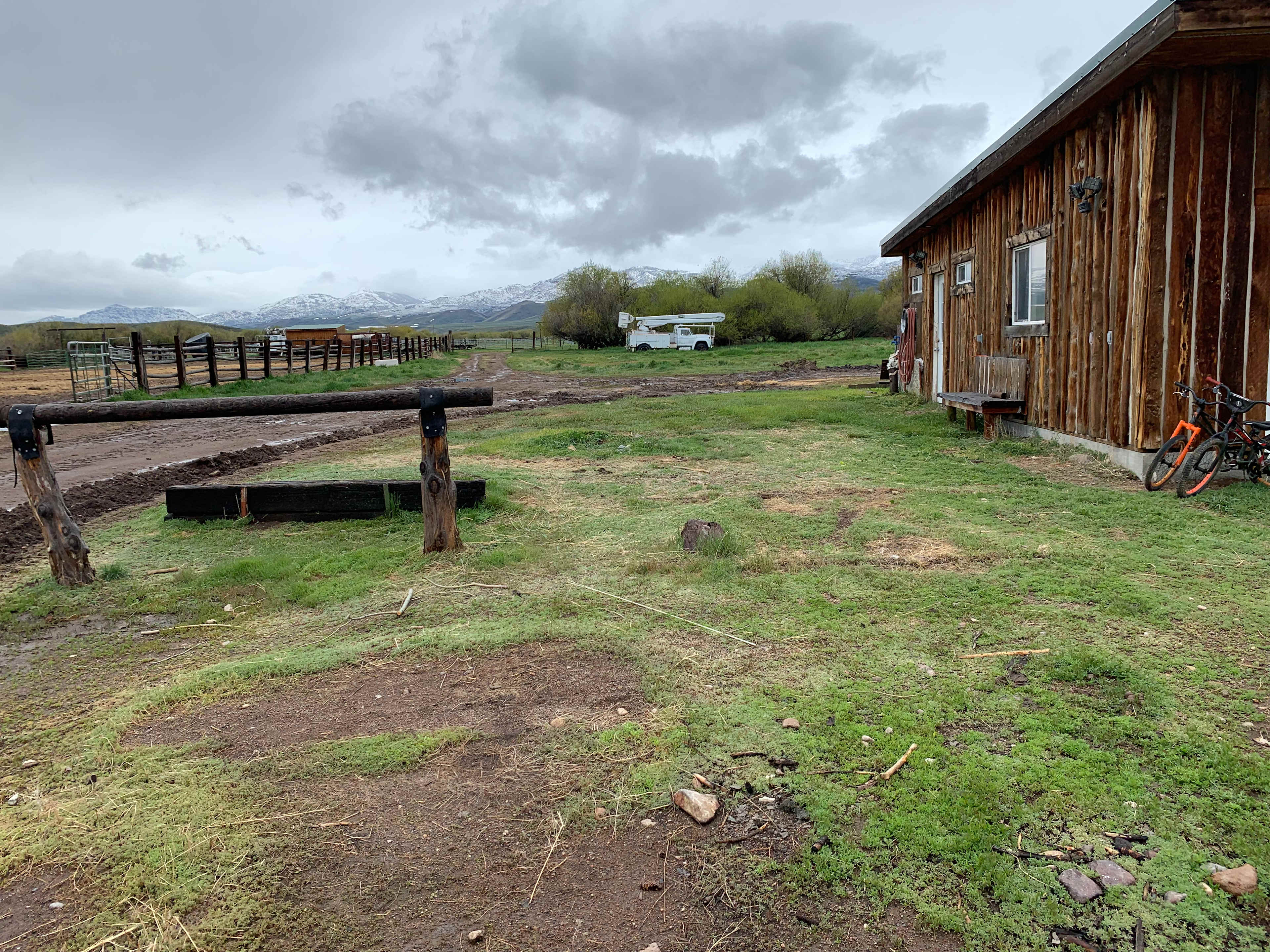 Looking across our barnyard to shop bathrooms