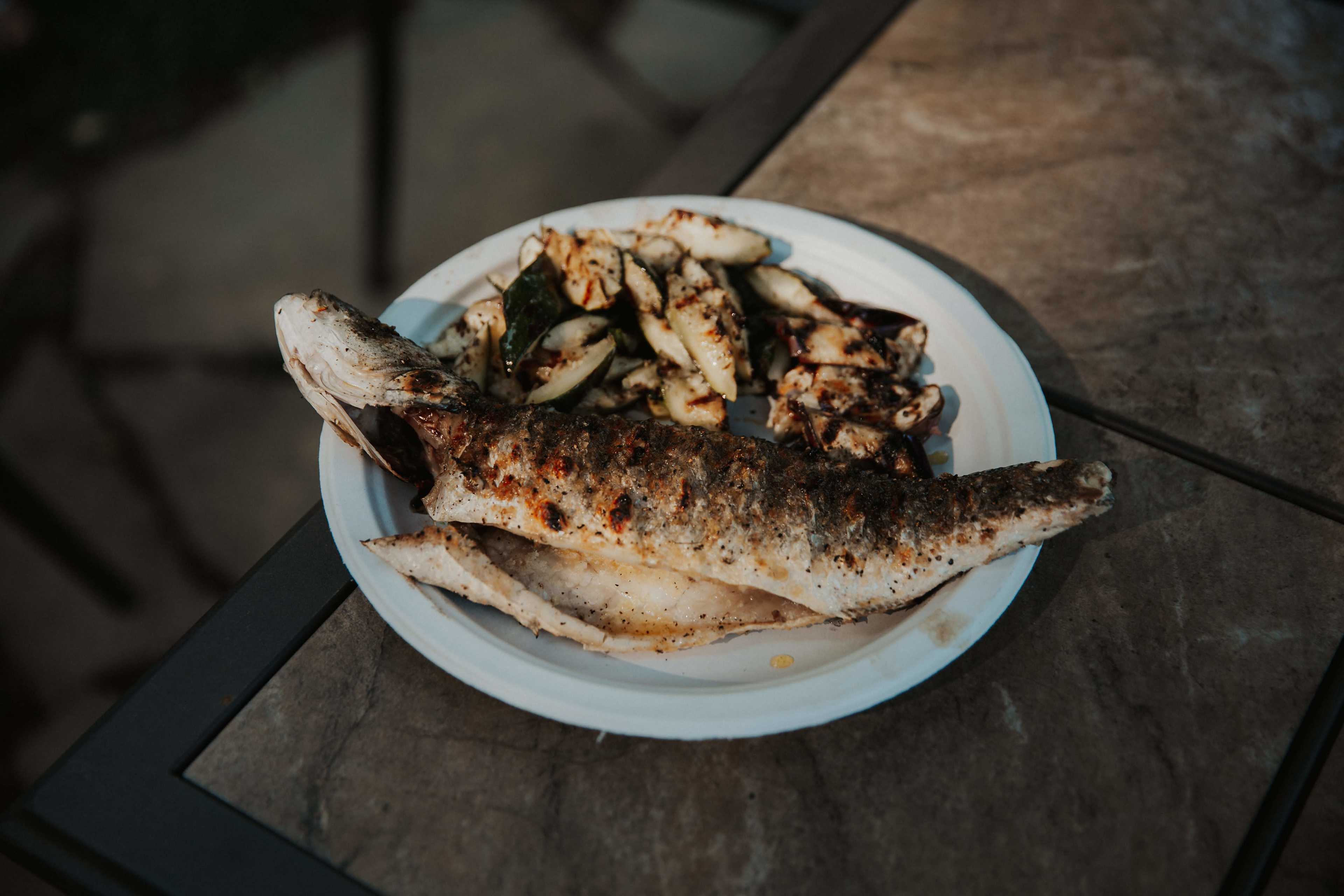 Grilled branzino with zucchini and Chinese eggplant