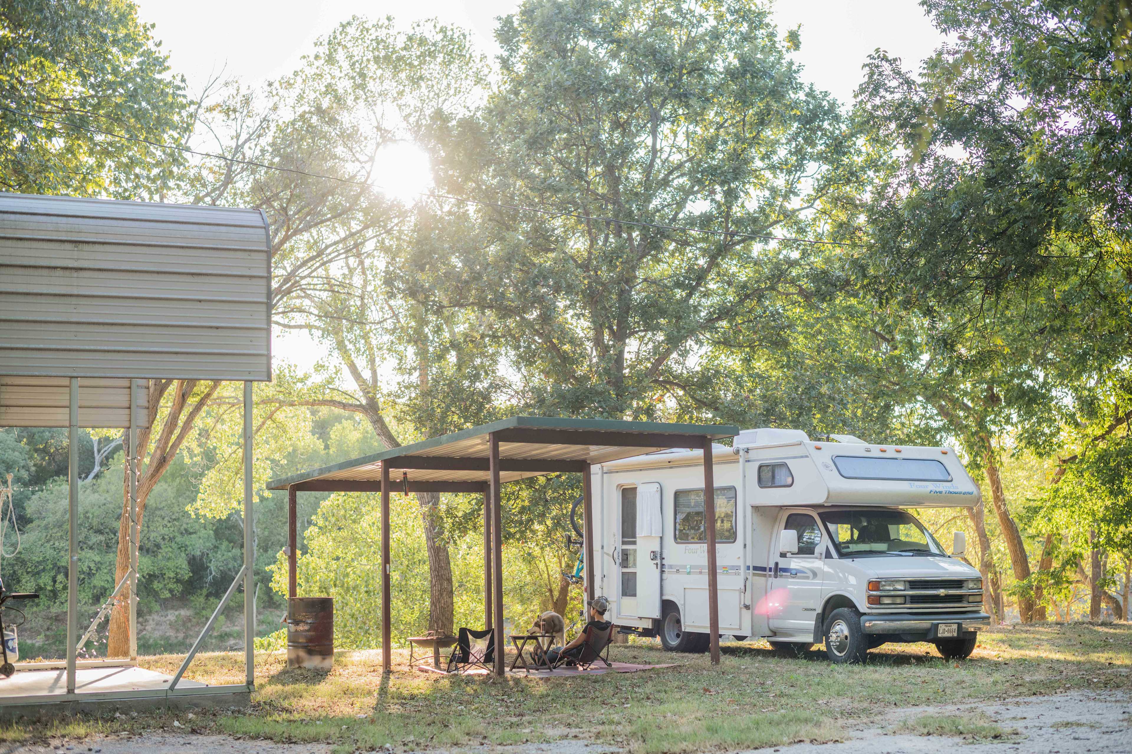 The RV site is level land it was so nice to have a covered picnic pavilion to set up in