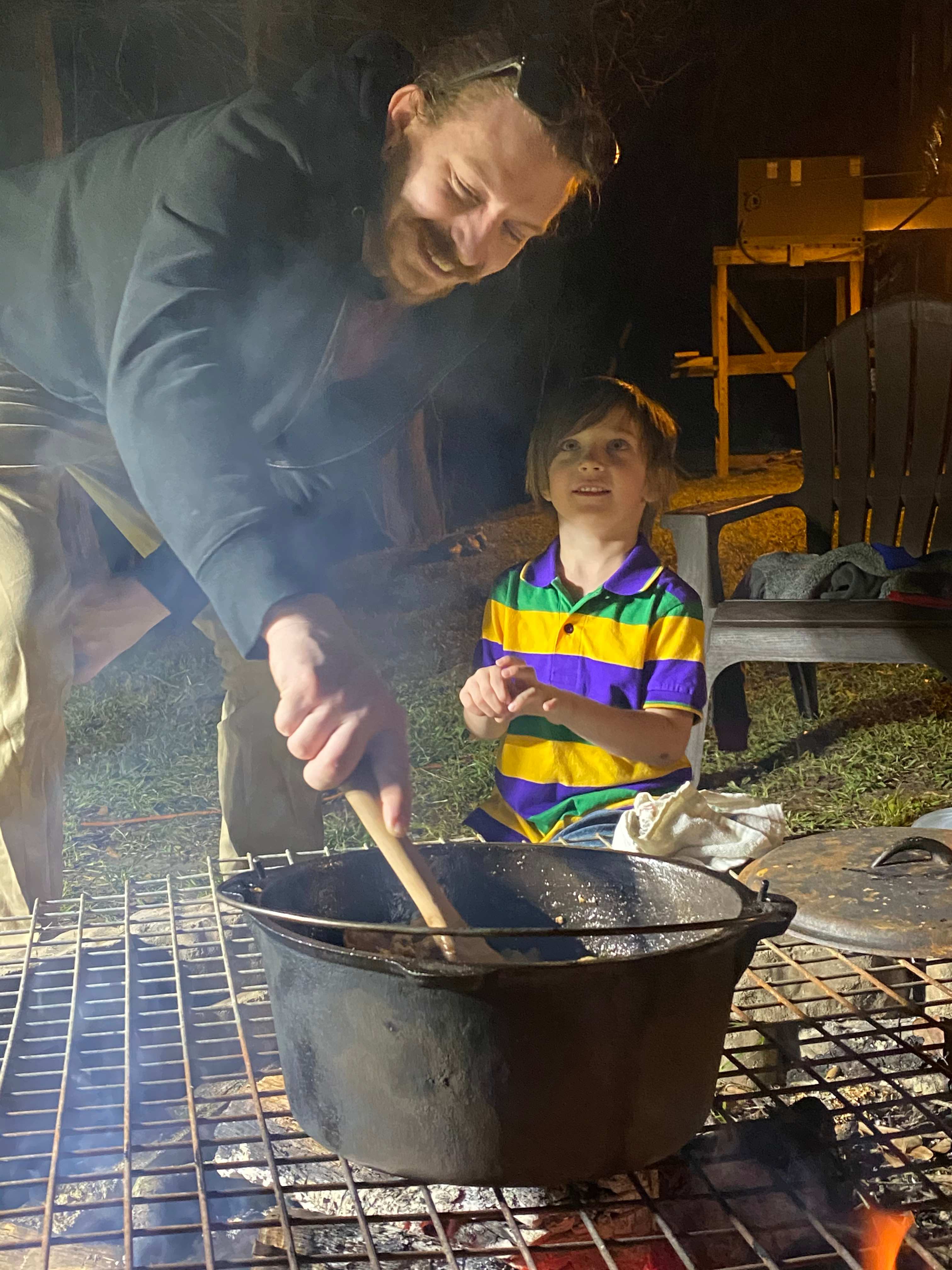 Jambalaya over the campfire, one option for the Cajun cooking experience 