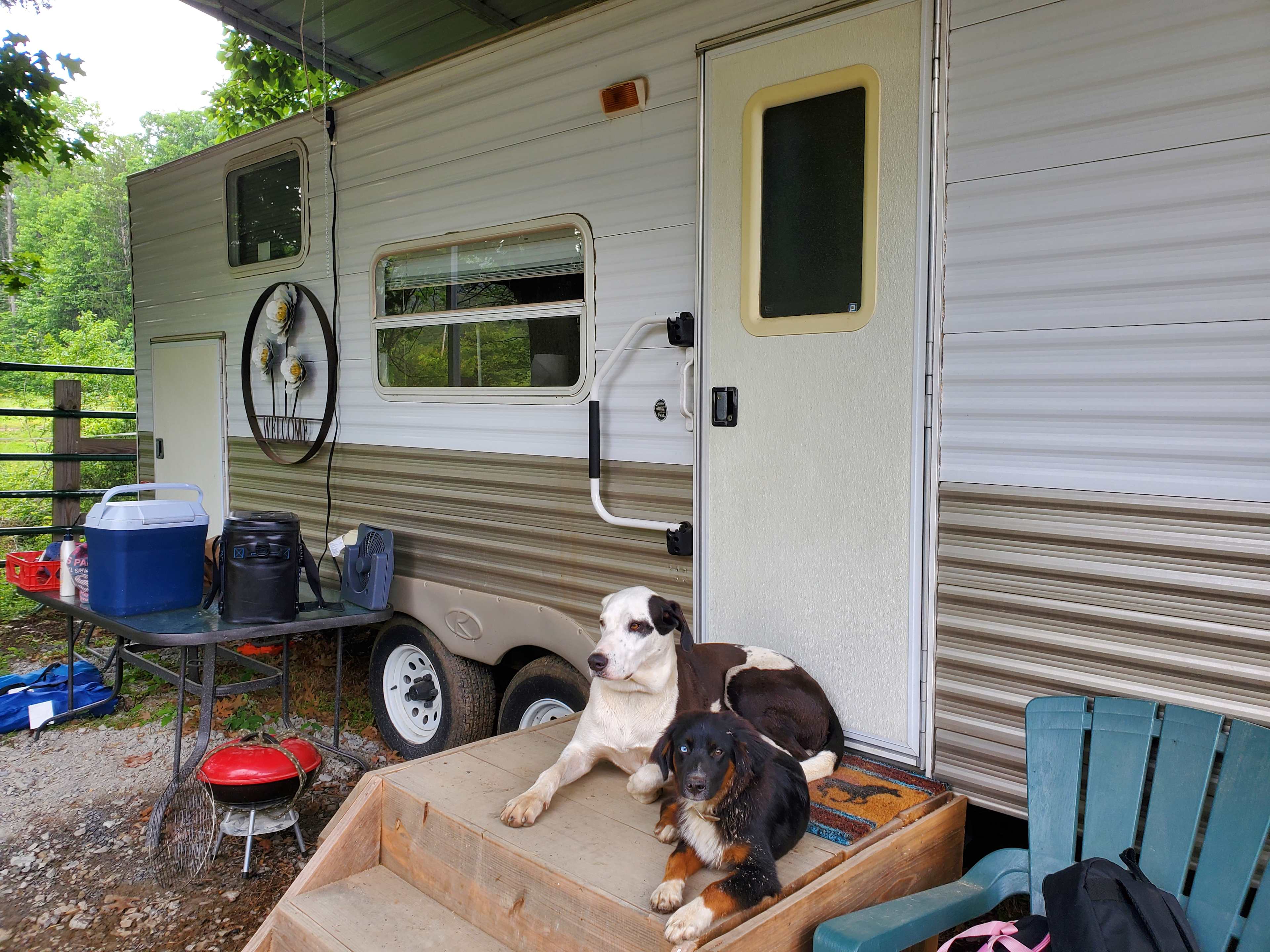 Friendly residents and the travel trailer we rented for the night. 