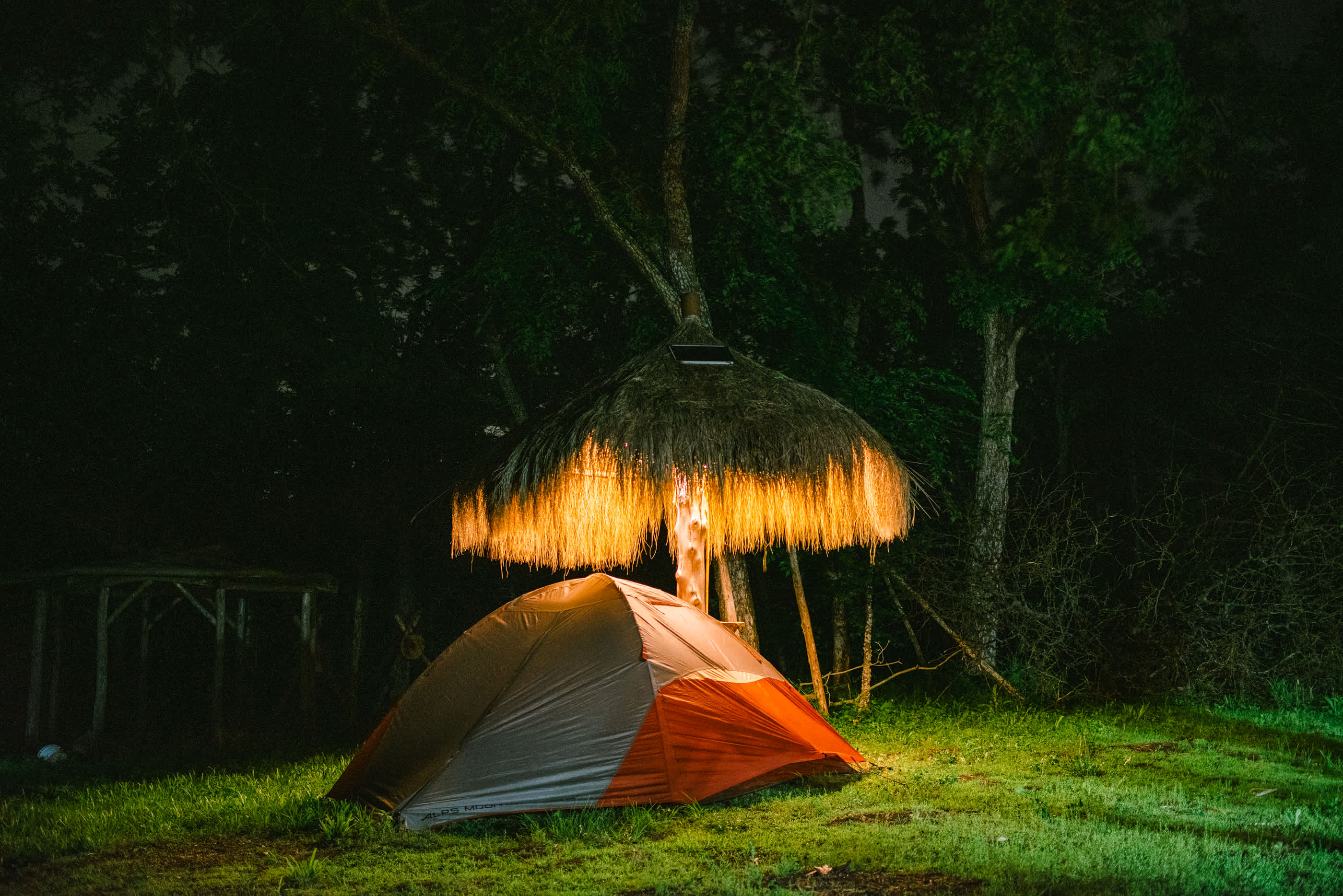 My tent at night. Dave has a charging and light station set up under the tiki hut - I also liked it for the increased protection from ground moisture. This was one of the driest spots!