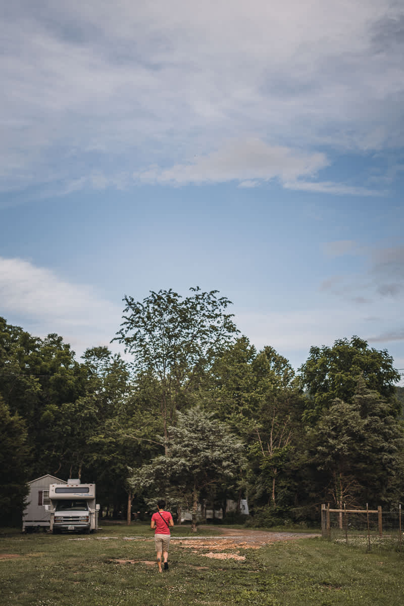 Perfect RV site tucked among the shady trees