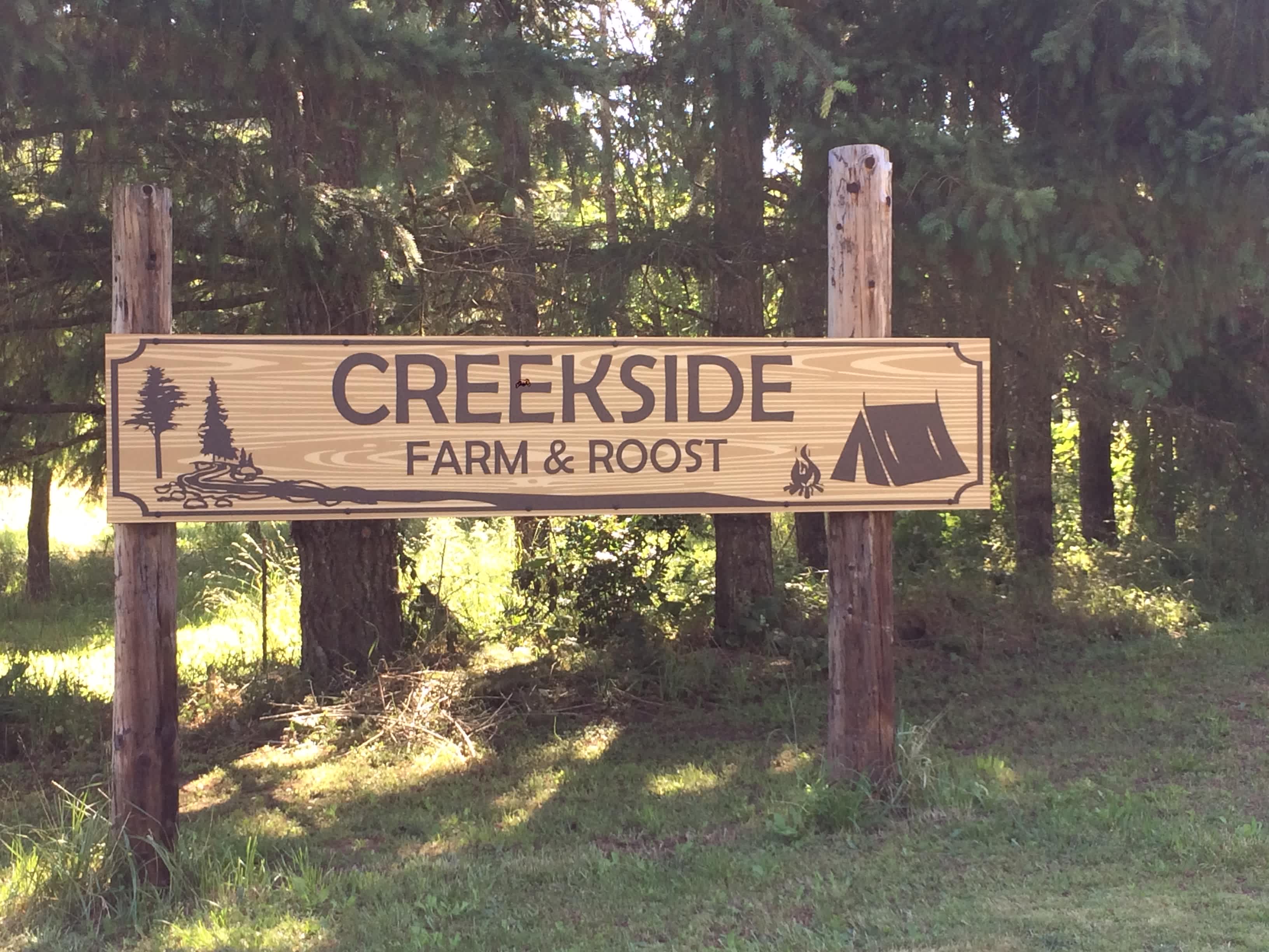 Sign at the road, on the Left if you drive in from Portland.