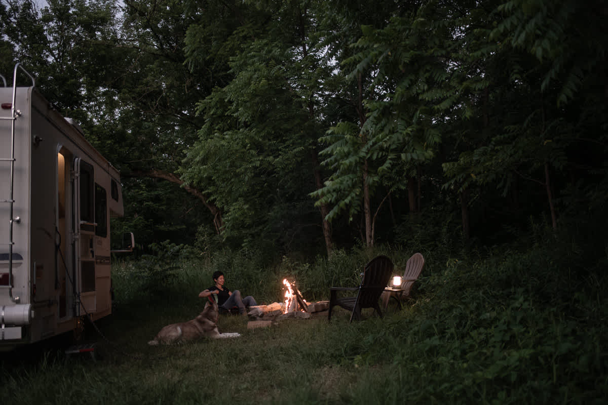 We parked our camper by the fire ring tucked into the woods, which was perfect for an evening fire