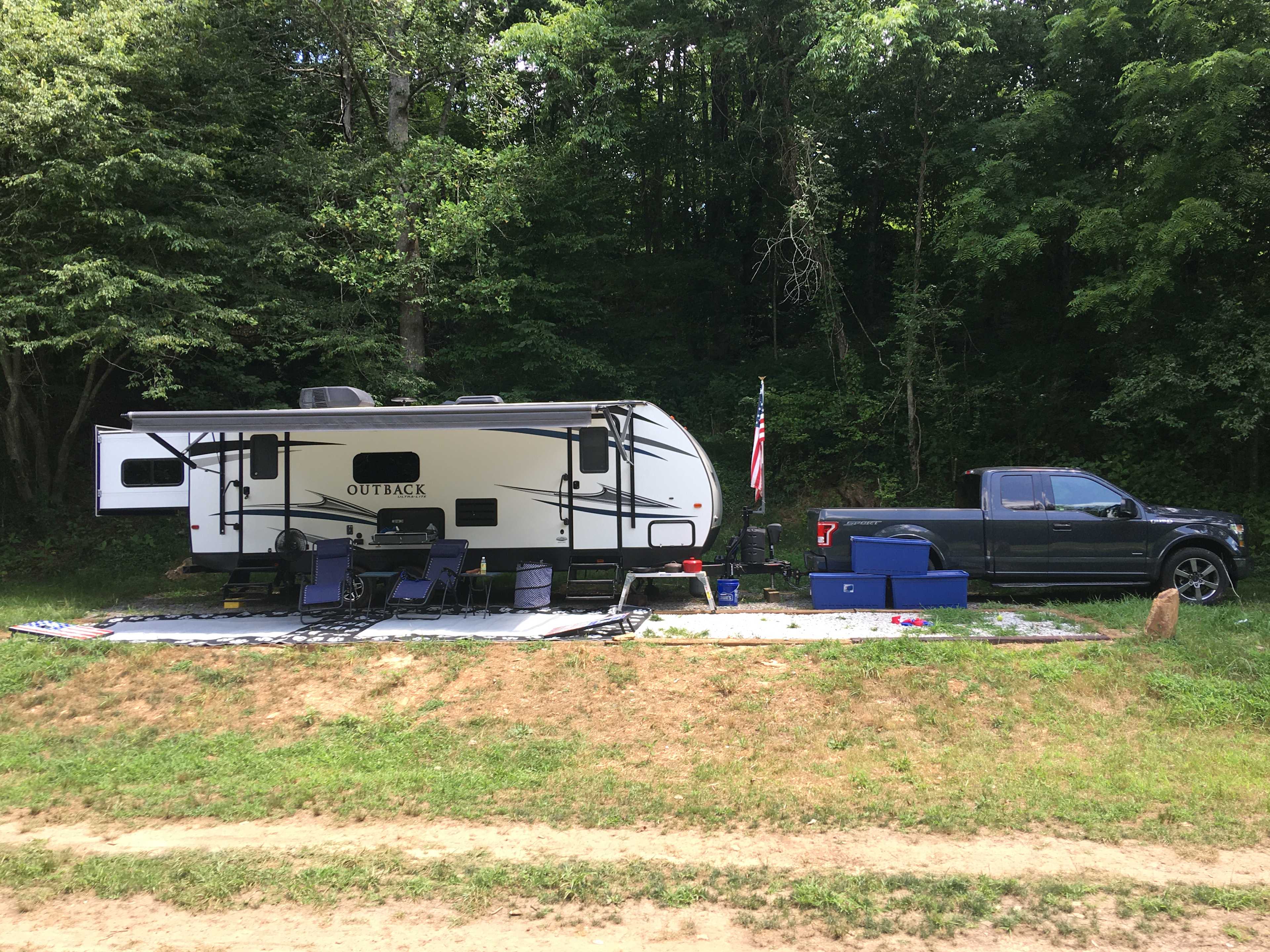 Large gravel site under camper and awing. We are 50 feet with truck and it fit all. 