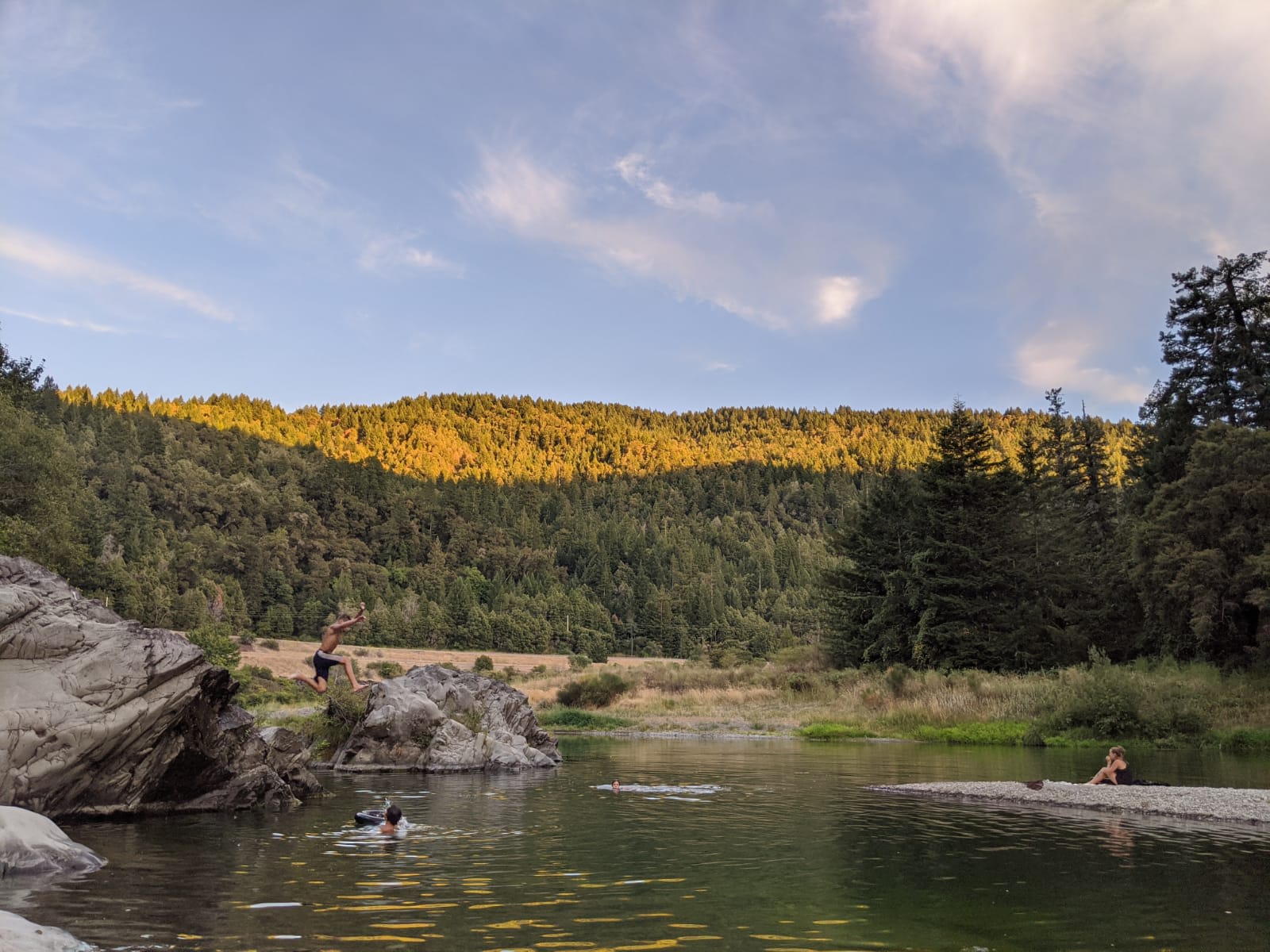 Swimming hole in the evening! We saw a heron and were on the lookout for otters. 