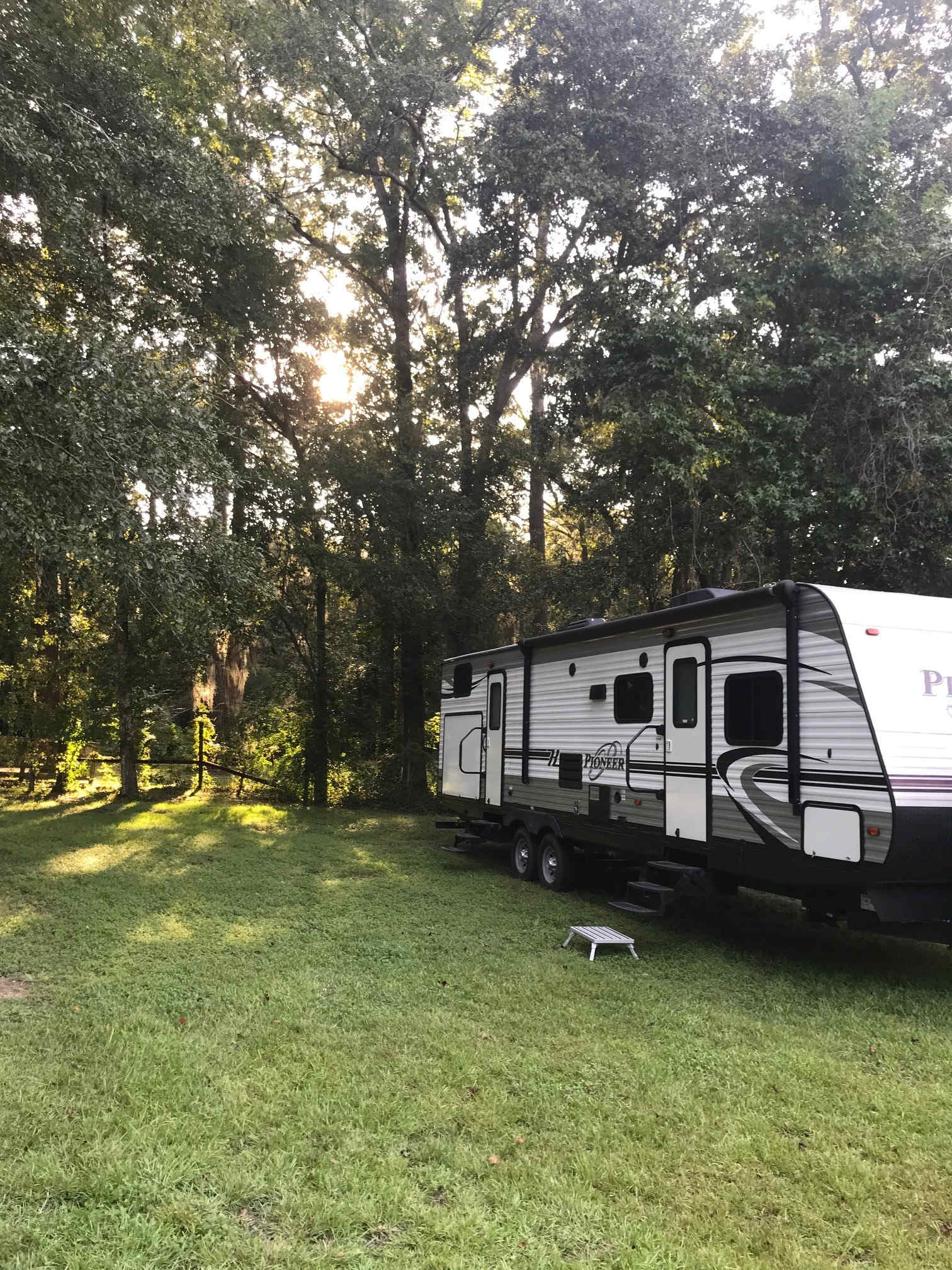 Shaded Site #1.  Sun is setting behind the trees in the background.