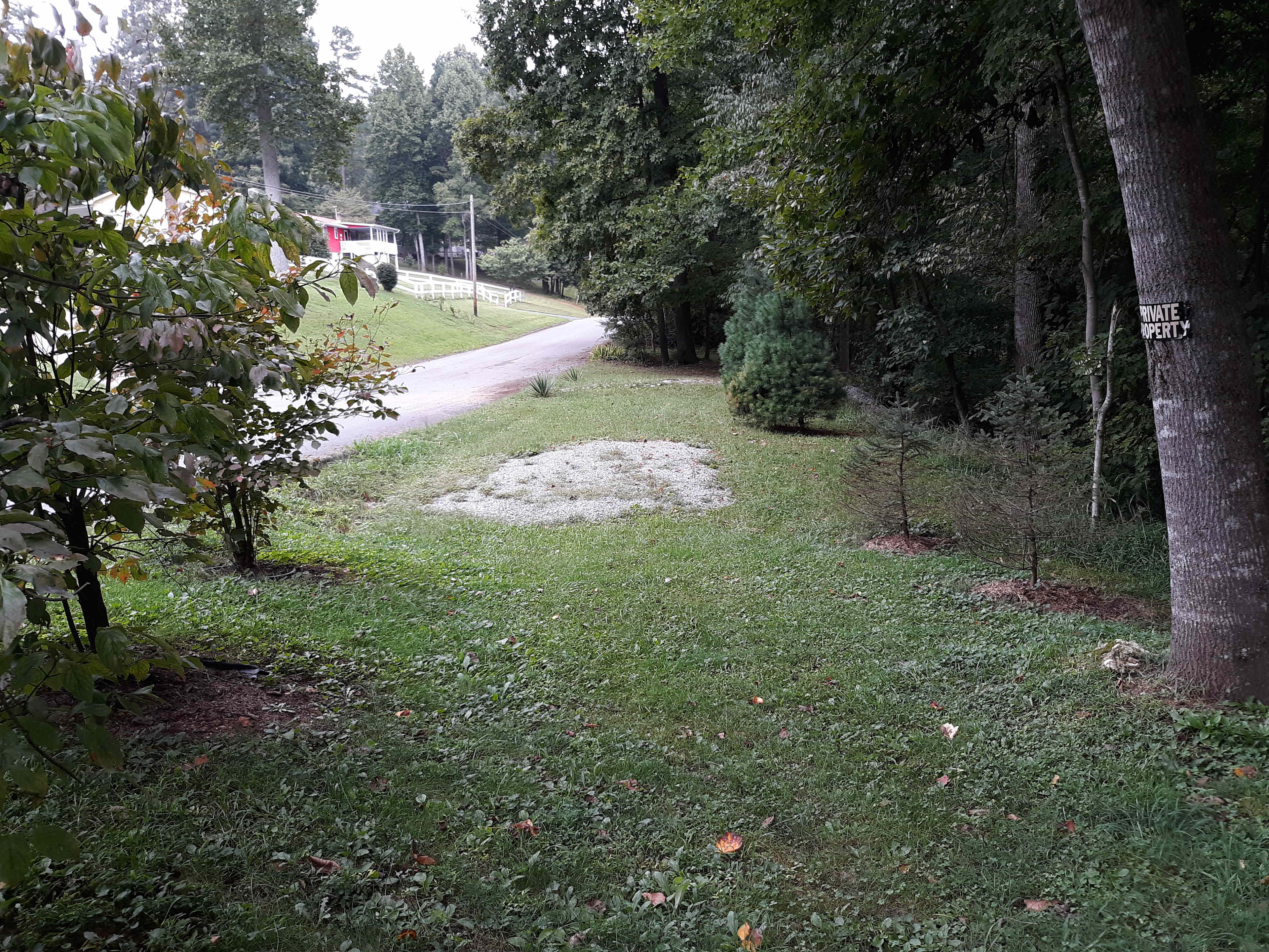 Along footpath leading to level RV - Tent site.  Gravel can be smoothed or spread out if necessary.  Had a 40 ft. RV parked here last summer.  