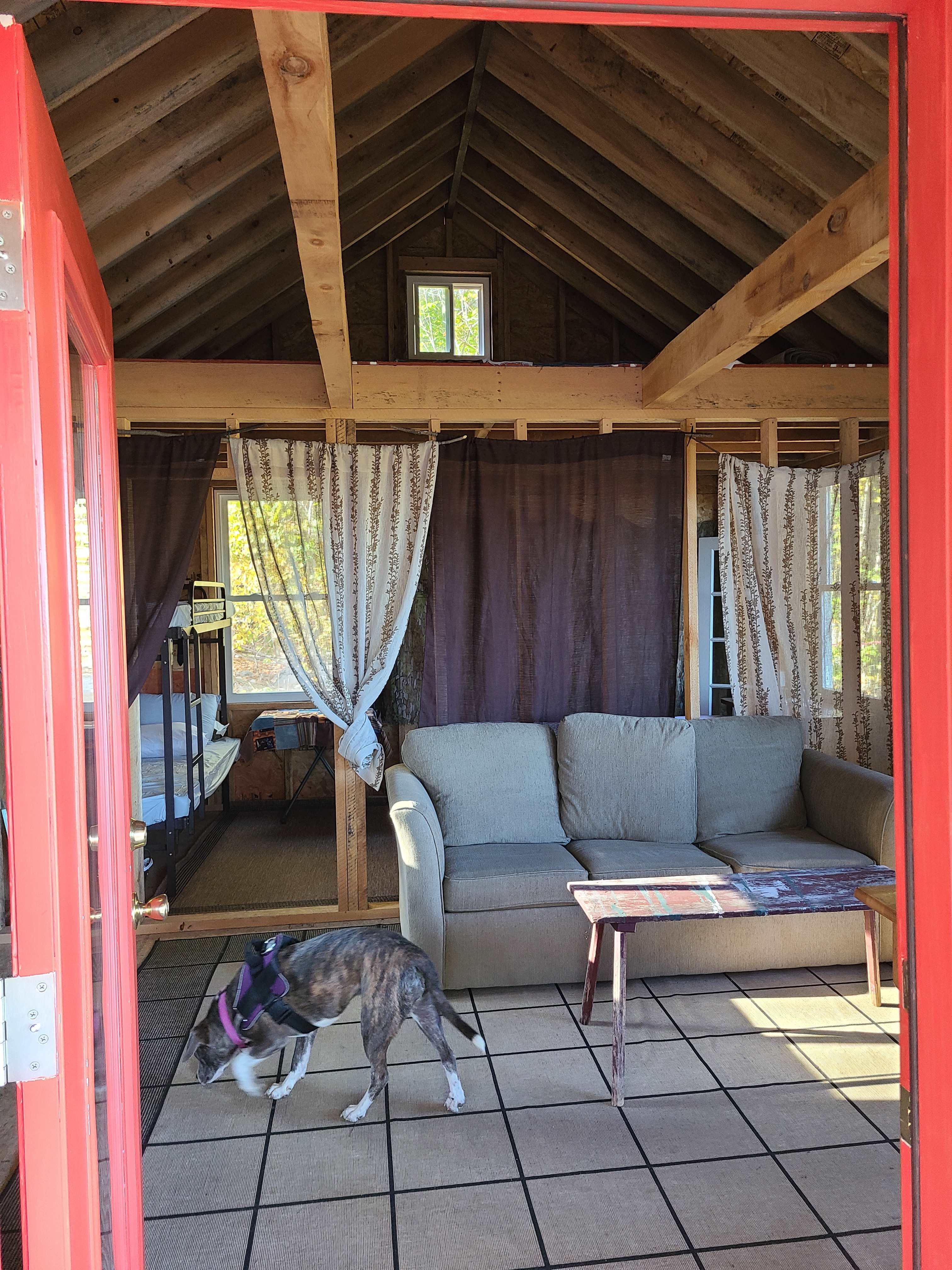 Interior of cabin from the front door, so cozy!