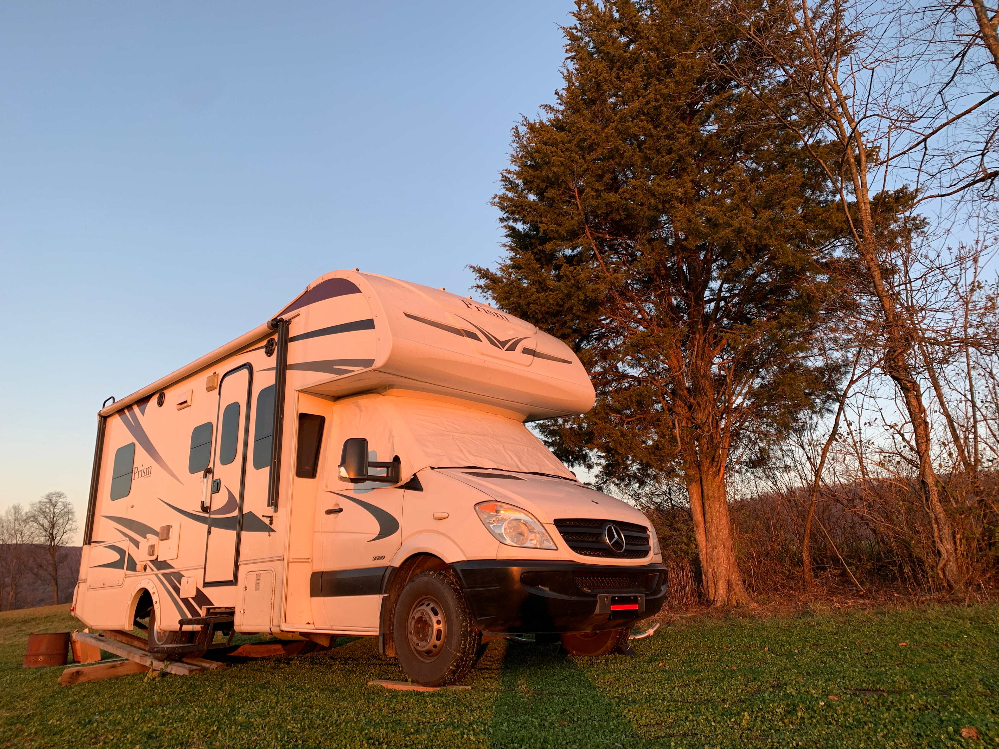 The sun lighting our RV in the morning.