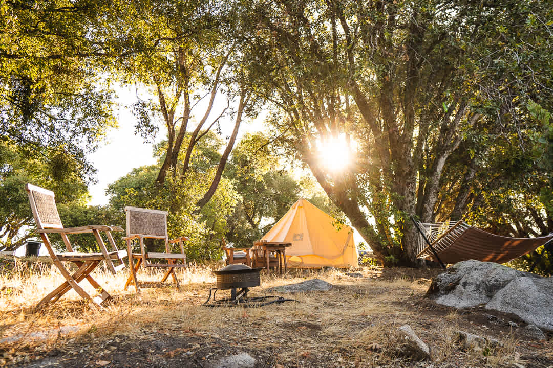 Overview of the campsite! This consists of a few lounge chairs, fire ring, hammock and the tent close by!