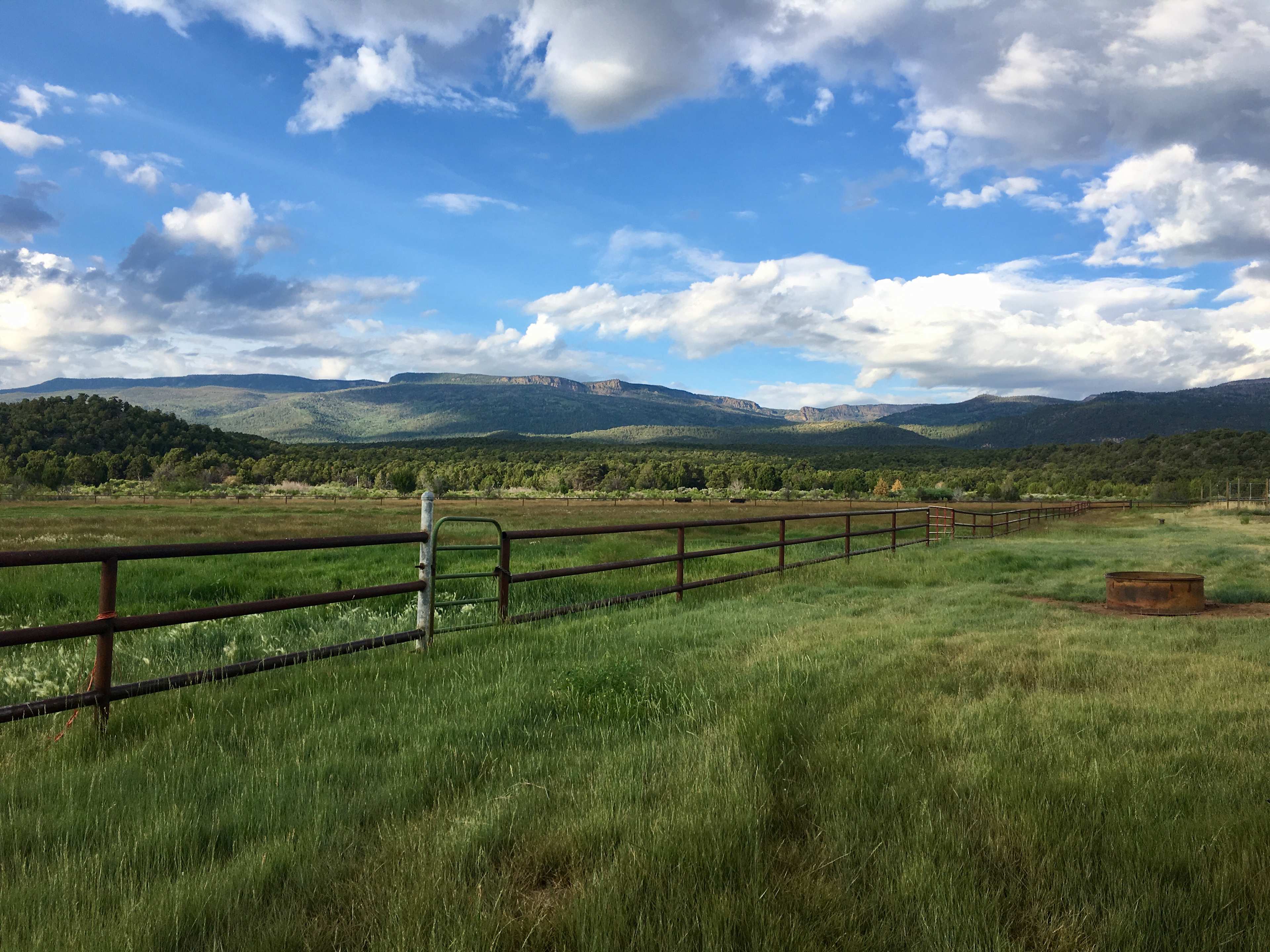View from parking area, pasture and Boulder Mountain
