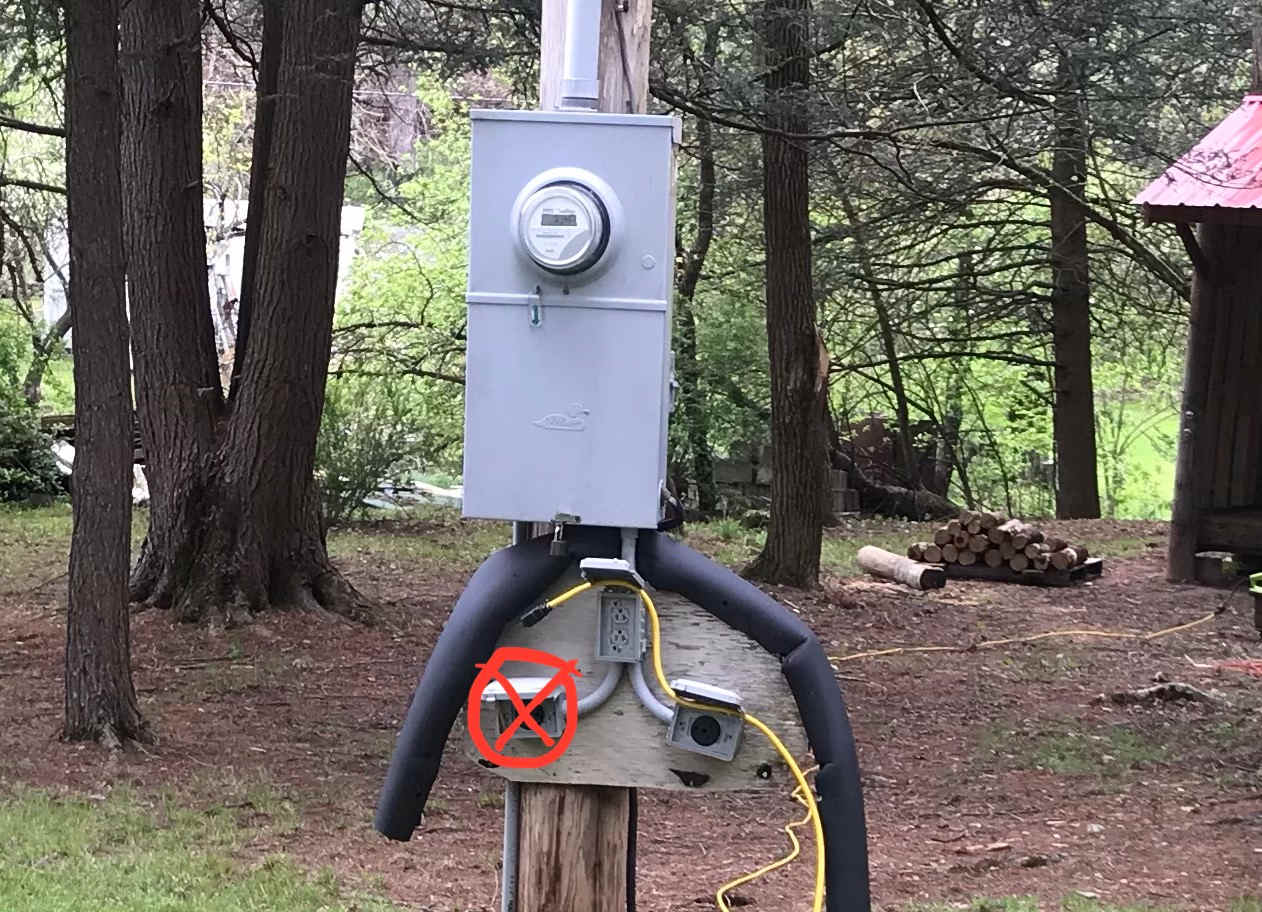 1-30amp outlet and 2-110 outlets.  Outlet with red X does not work.