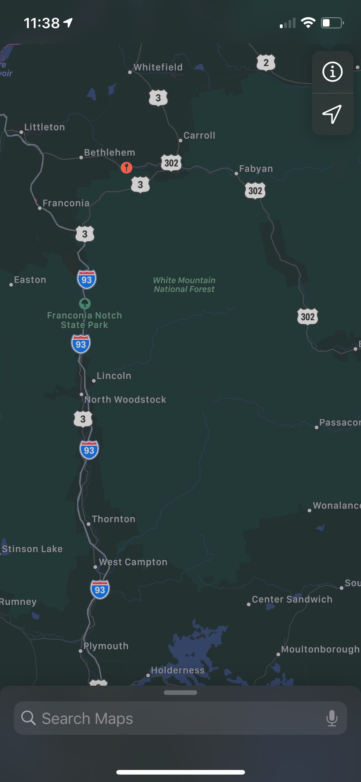We are at the red dot. Shortly after driving through beautiful Franconia Notch, you will be at your campsite!