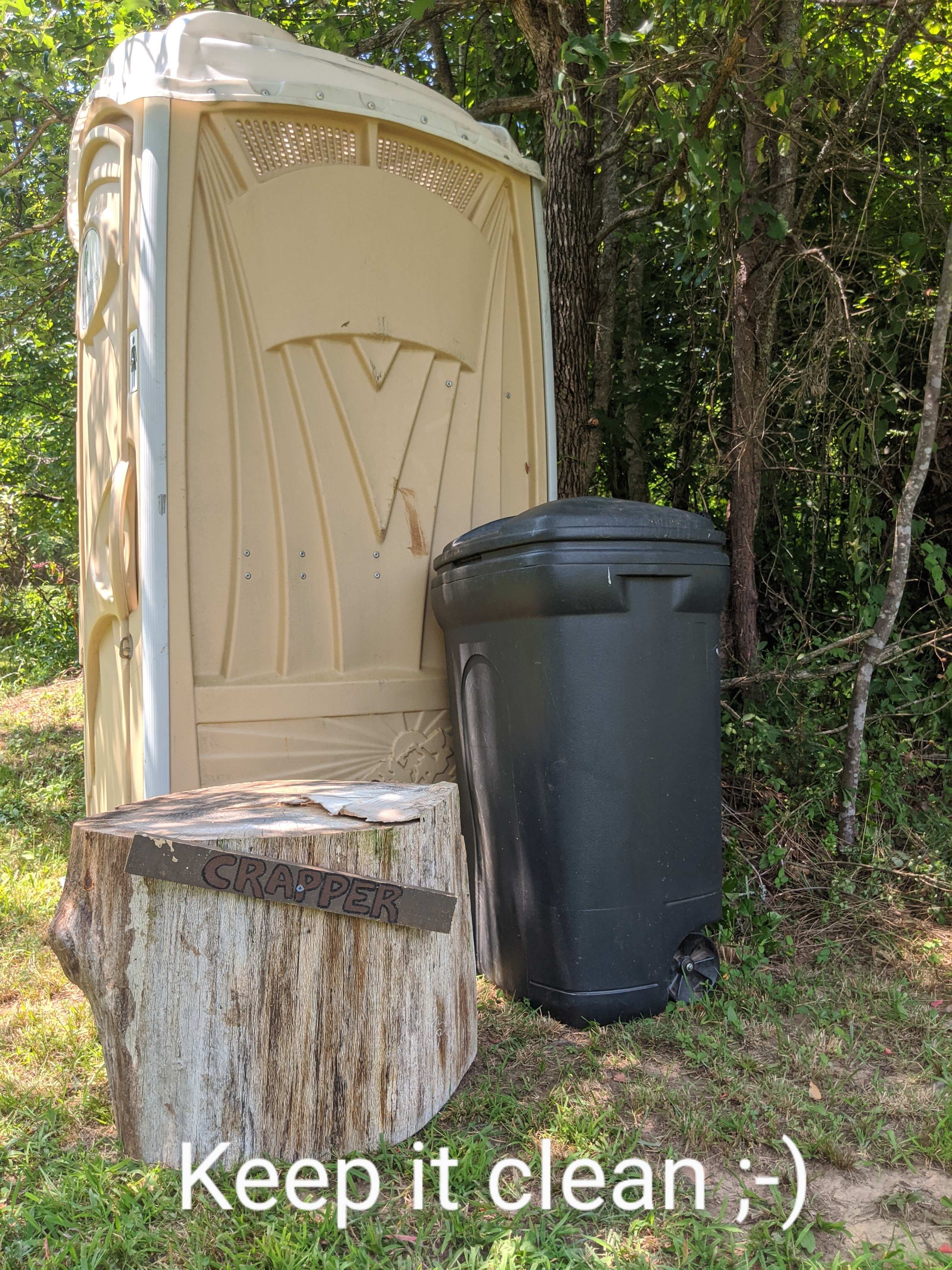 The water spigot is at the log across from horse pasture and the porta john is in the corner on the way to the spigot. There is now a solar powered bath house (behind the porta-john). Switch to left of the door turns on the light. Switch beside shower turns on water pump. PLEASE turn them both off as you leave. 