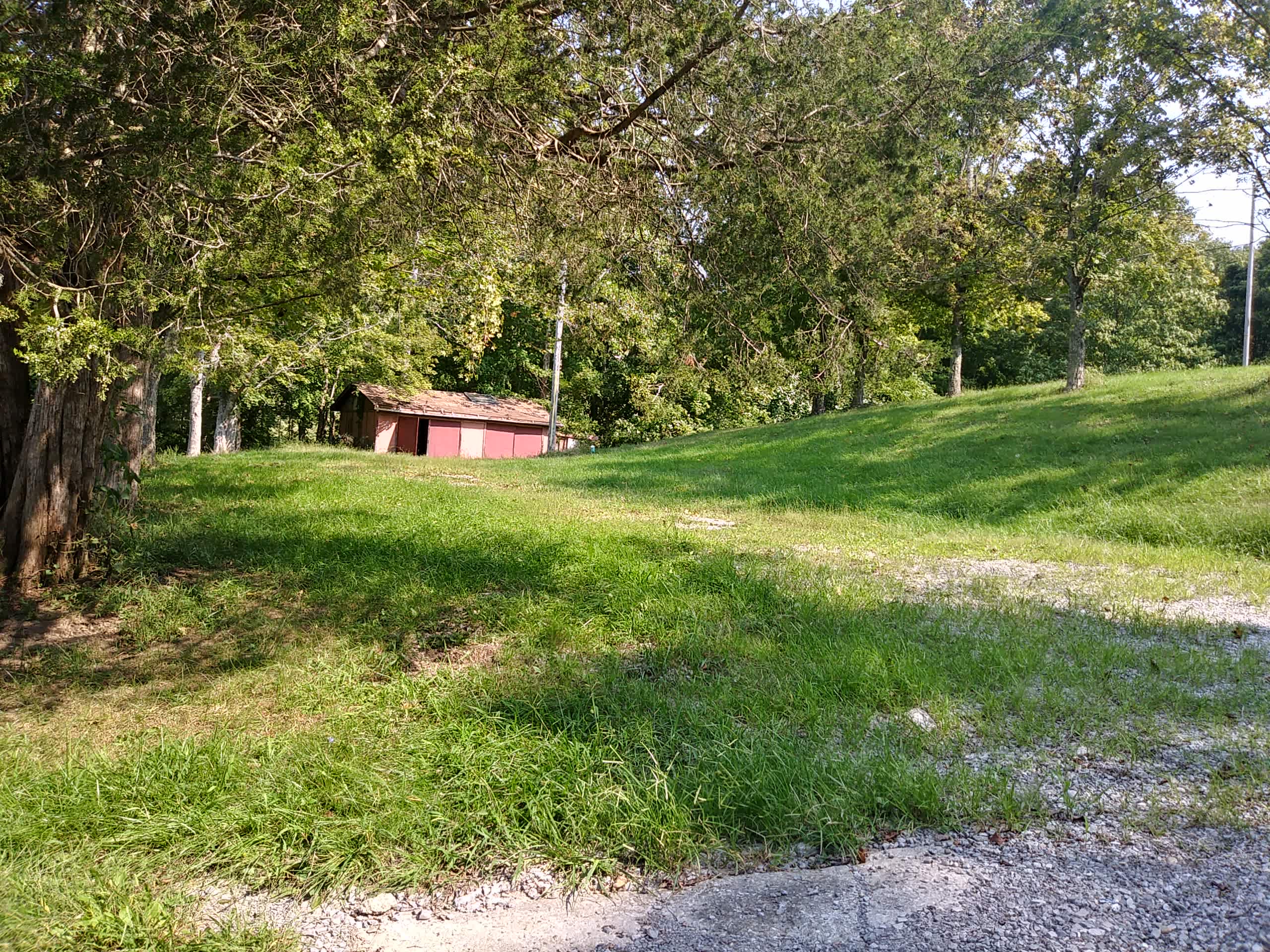 Primary gravel area for parking with partial shade and potential tent area