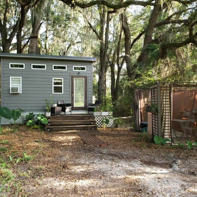 Tiny house cottage with outdoor grilling area