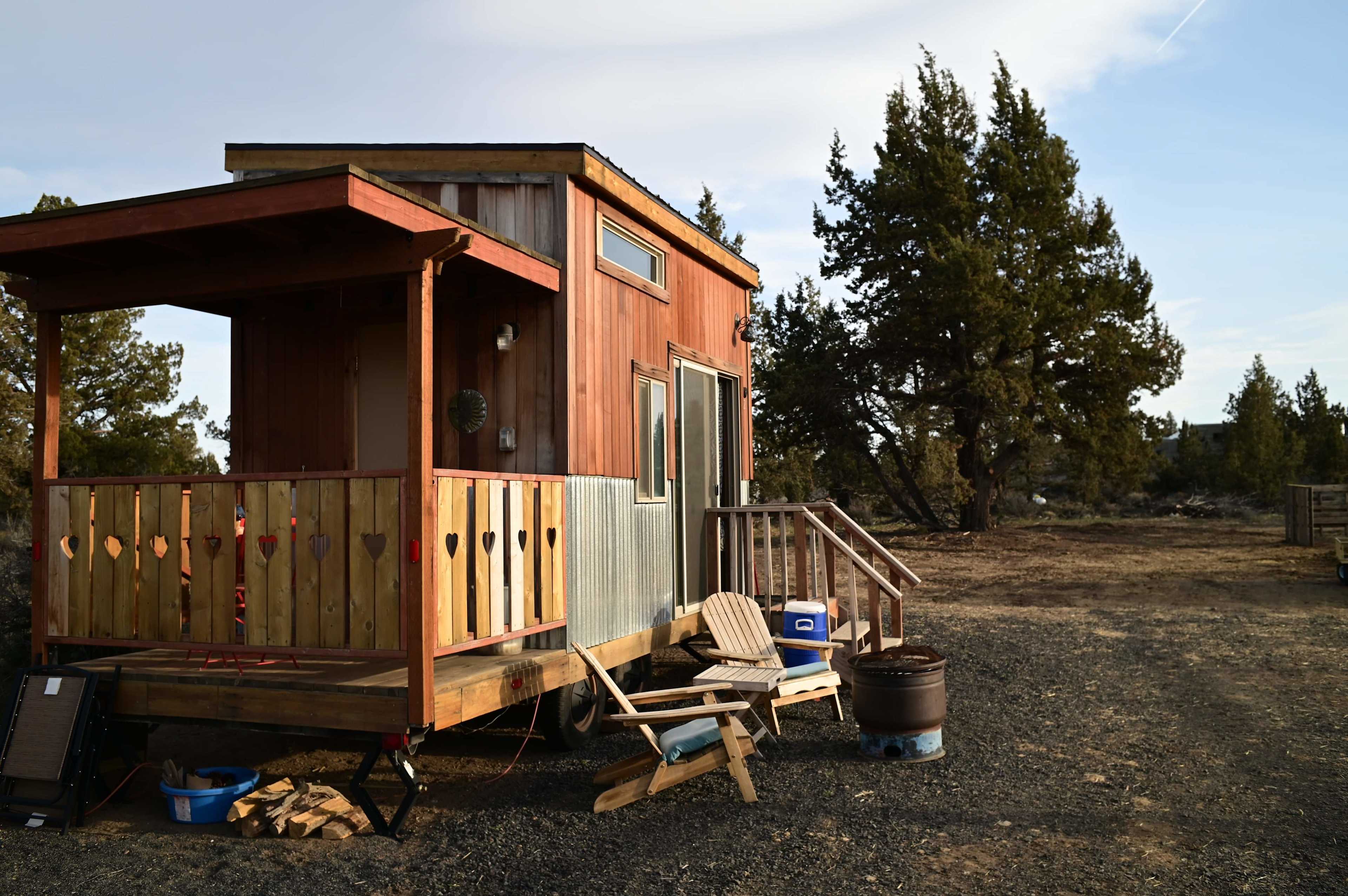 Walking up to the tiny house