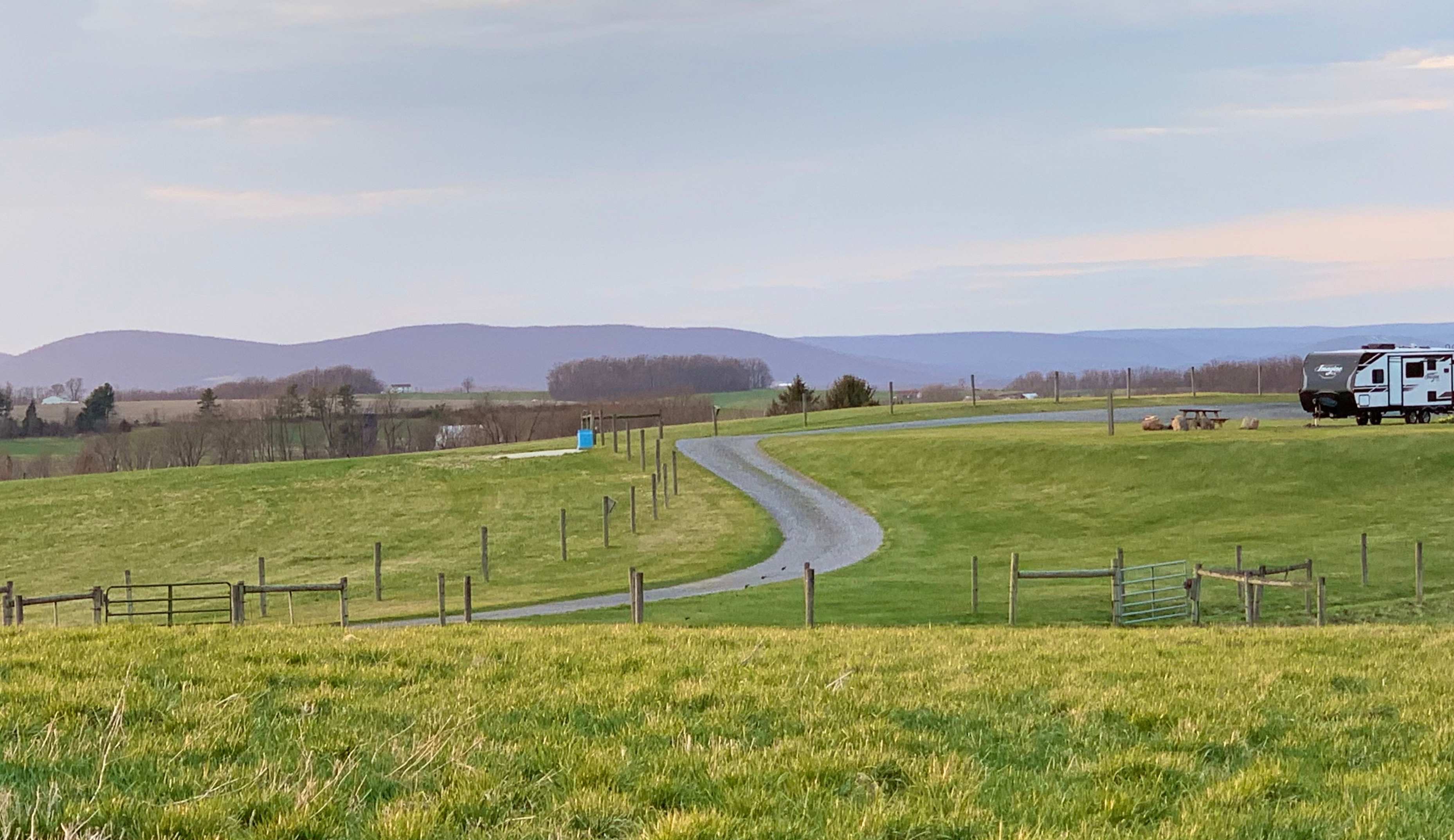 A clear view of the mountains and the campsite from one of the cattle pastures.