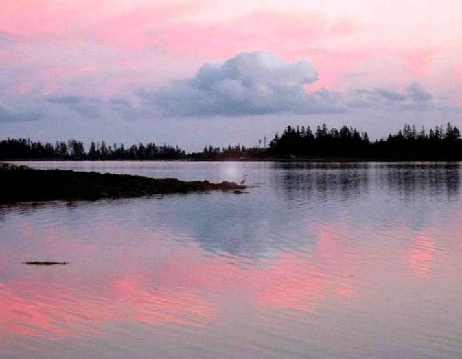 A stunning real life sunset, resembling a Bob Ross still life painting, looking out toward Mink and Indian Islands. 

If you look closely you can see a heron on fishing on the point.  